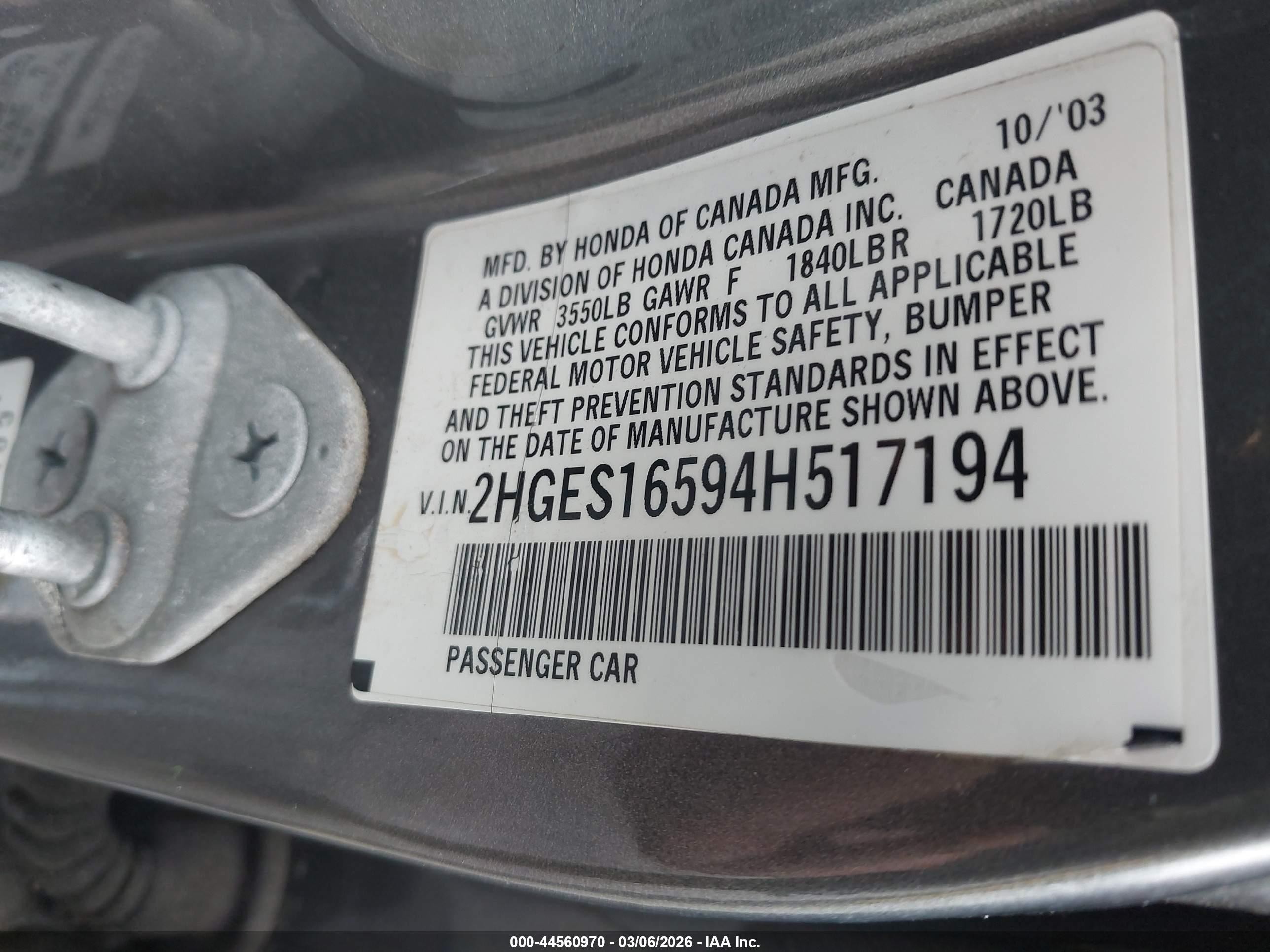2004 Honda Civic Lx Серый vin: 2HGES16594H517194