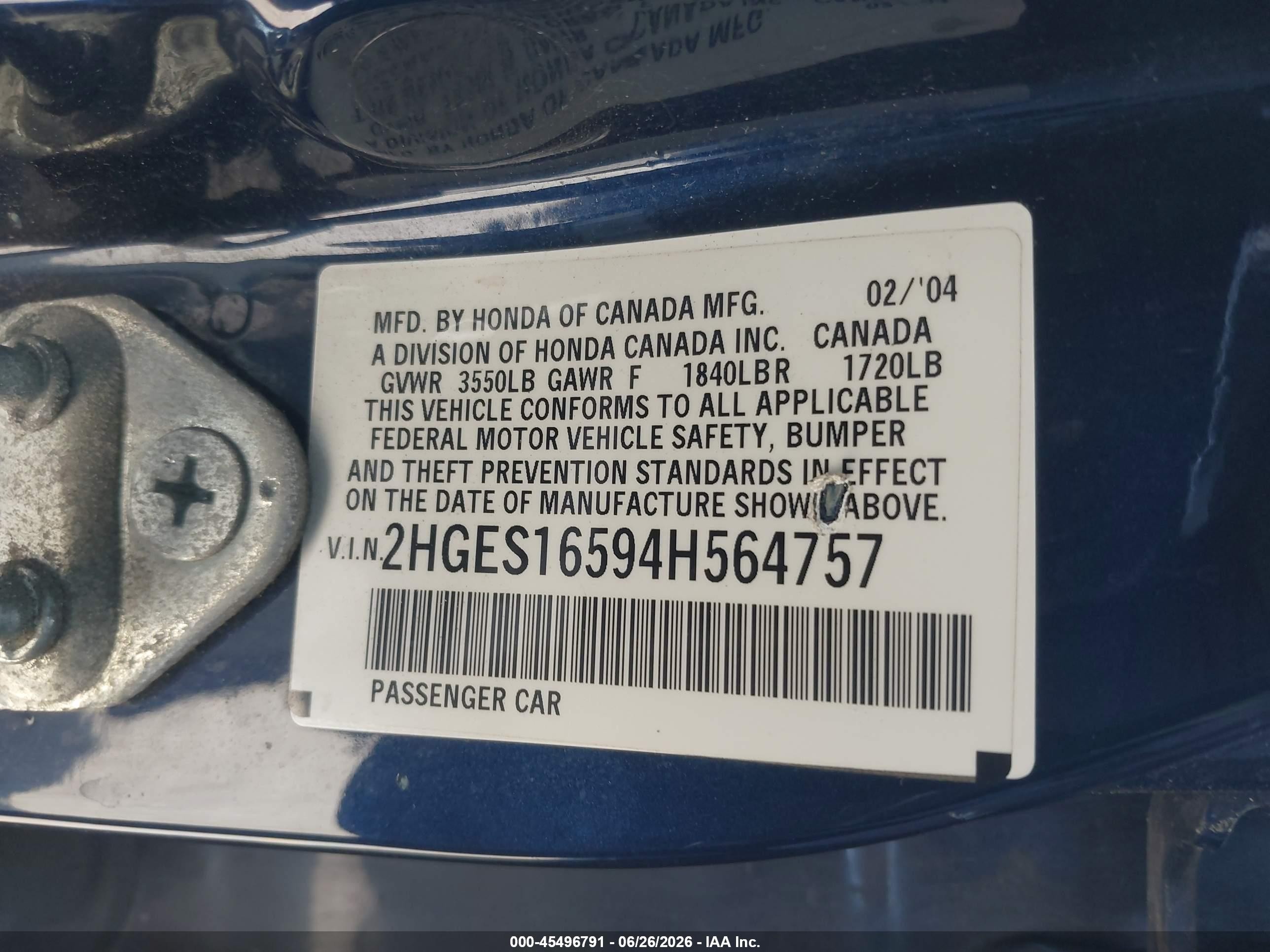 2004 Honda Civic Lx Blue vin: 2HGES16594H564757