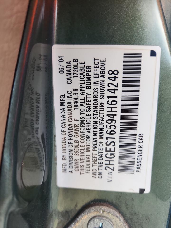 2004 Honda Civic Lx Green vin: 2HGES16594H614248