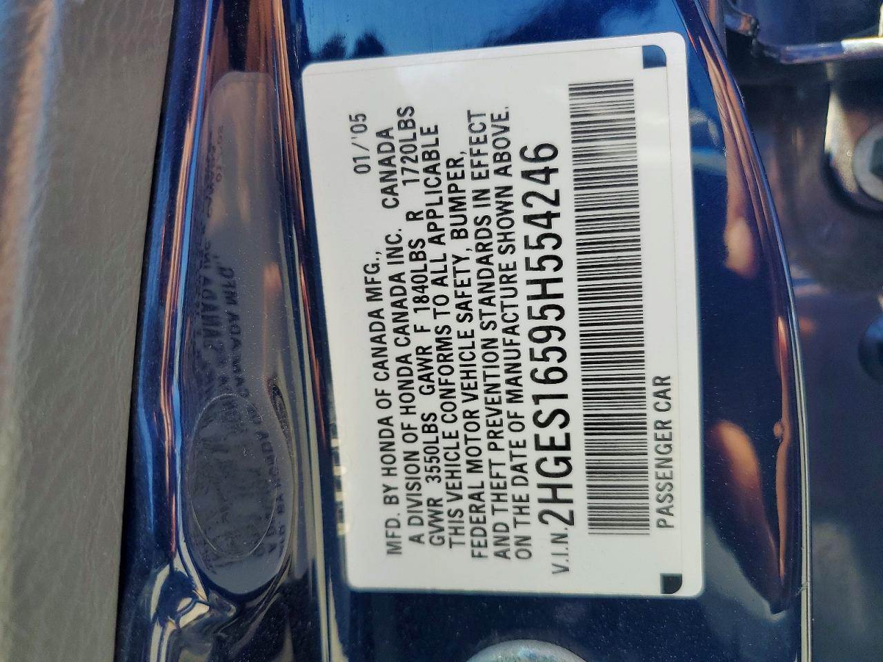 2005 Honda Civic Lx Blue vin: 2HGES16595H554246