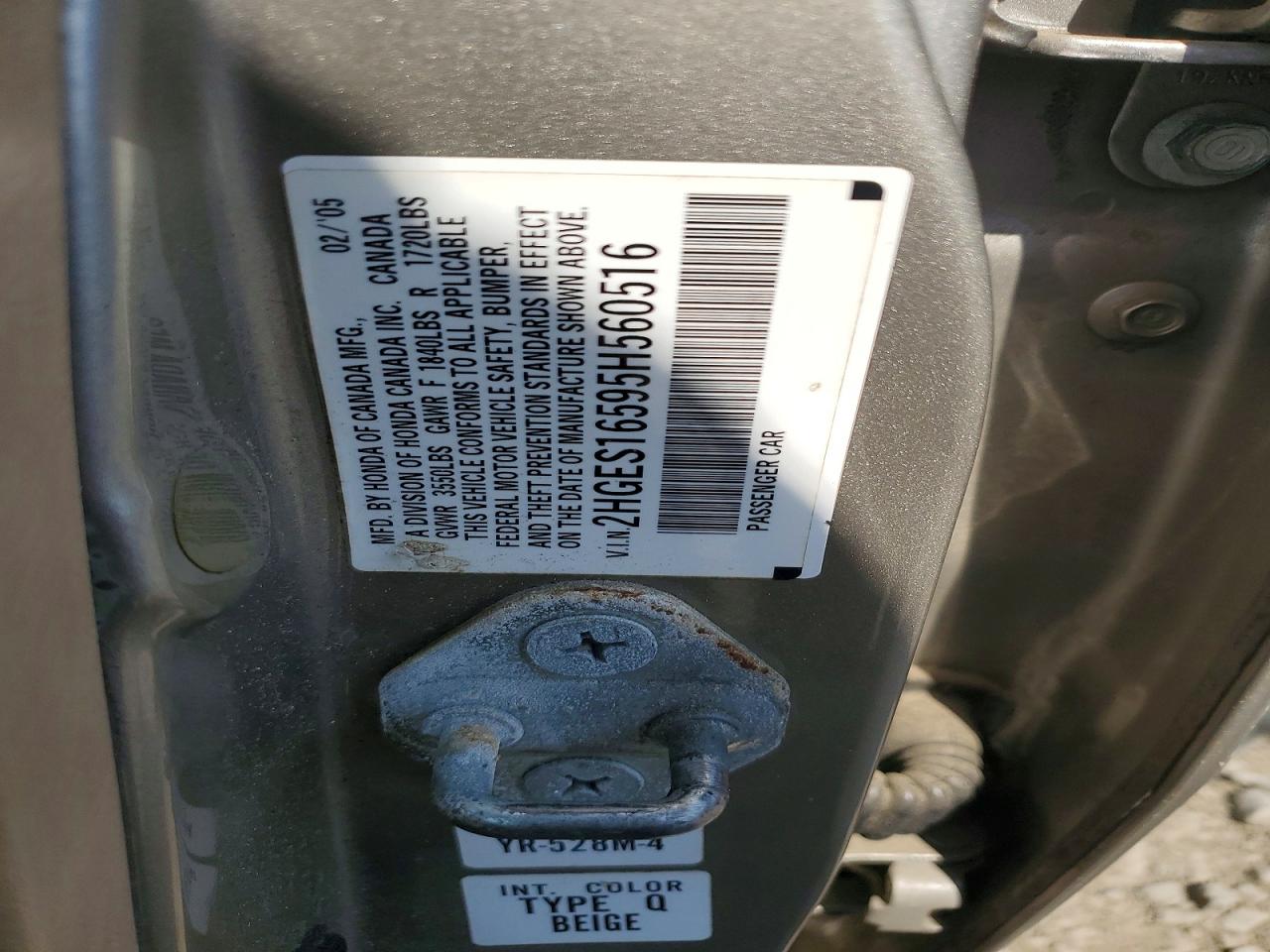 2005 Honda Civic Lx Бежевый vin: 2HGES16595H560516