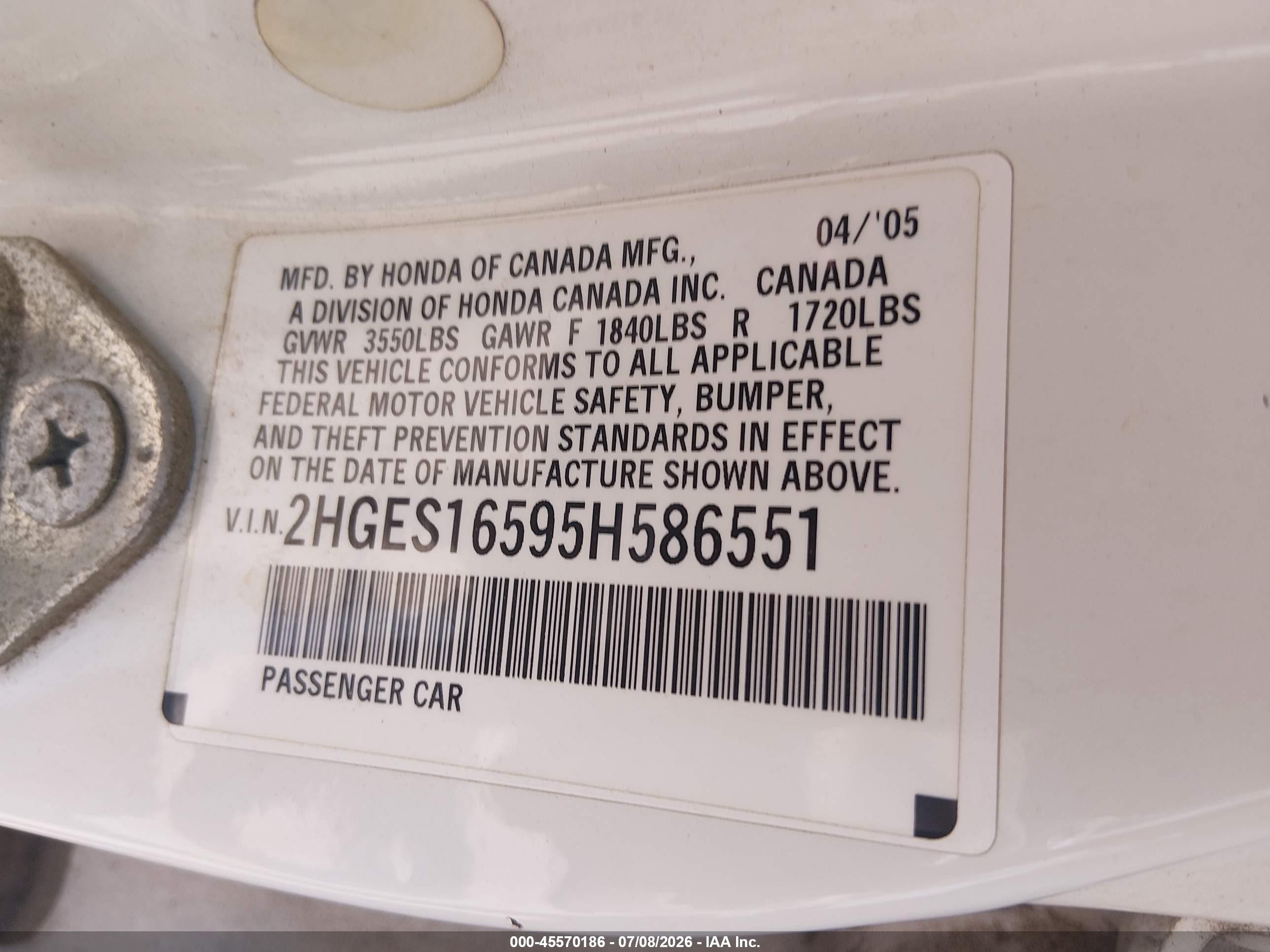 2005 Honda Civic Lx White vin: 2HGES16595H586551