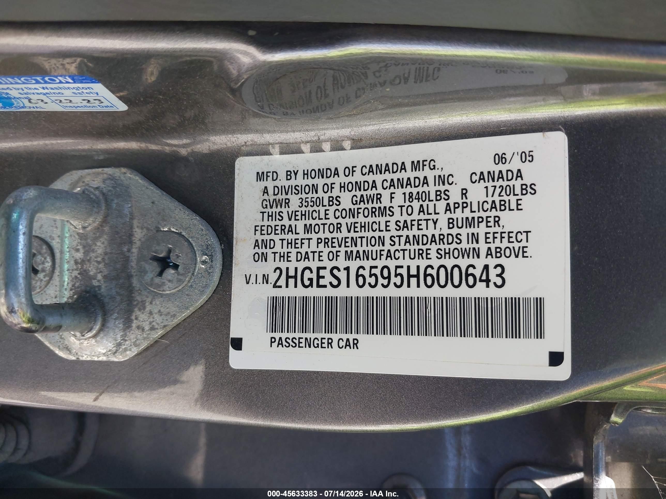 2005 Honda Civic Lx Gray vin: 2HGES16595H600643