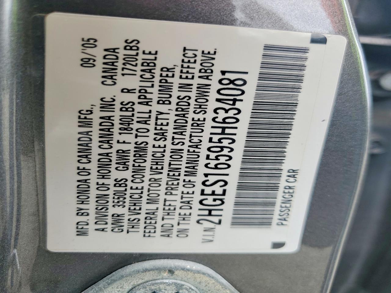 2005 Honda Civic Lx Gray vin: 2HGES16595H634081