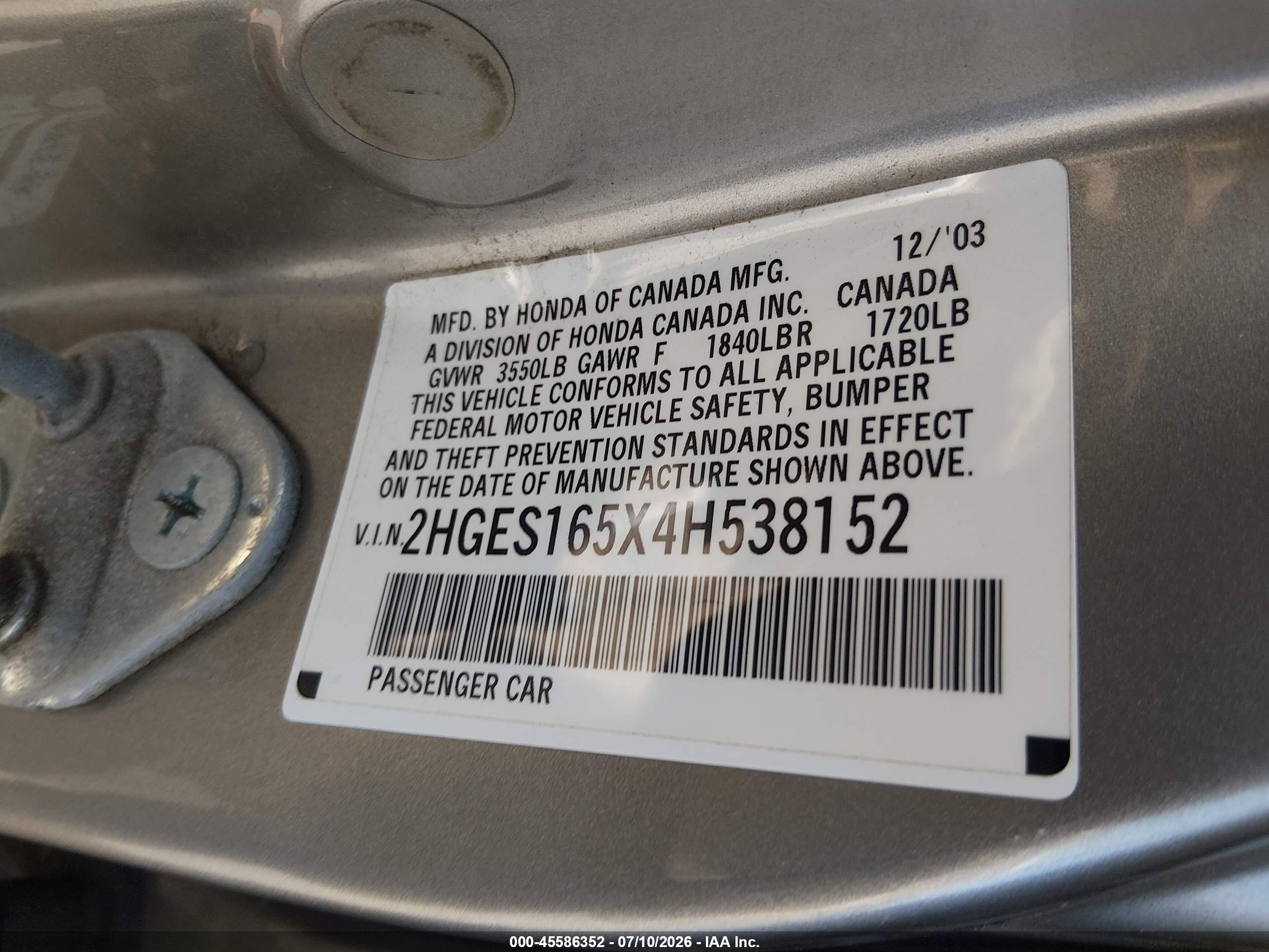 2004 Honda Civic Lx Gold vin: 2HGES165X4H538152