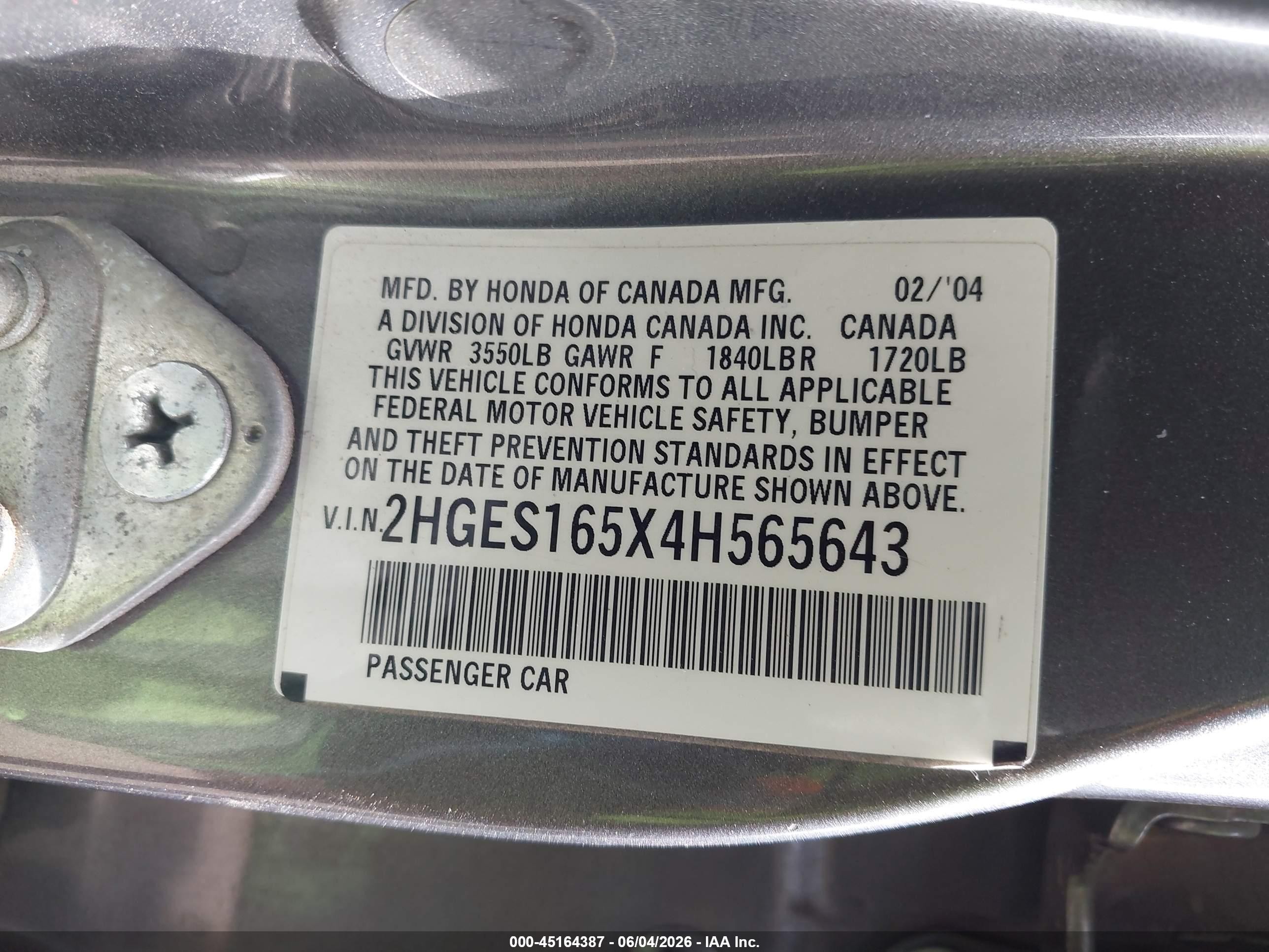2004 Honda Civic Lx Gray vin: 2HGES165X4H565643