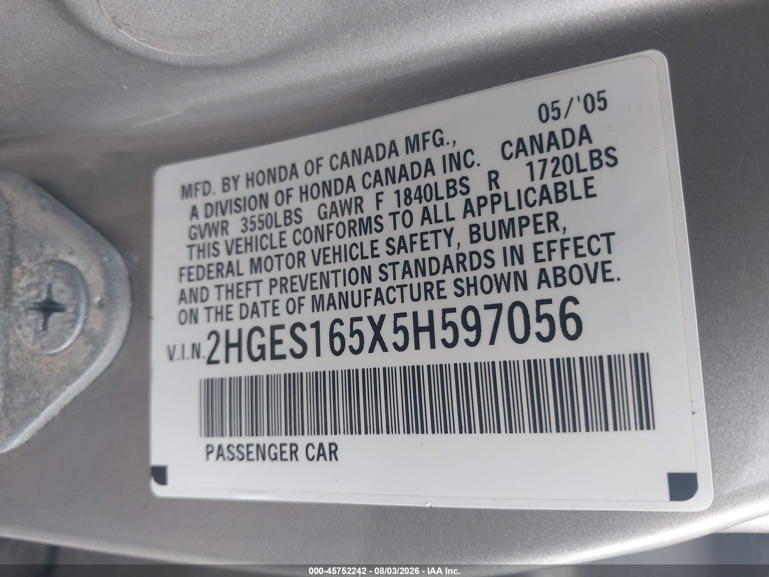 2005 Honda Civic Lx Серый vin: 2HGES165X5H597056