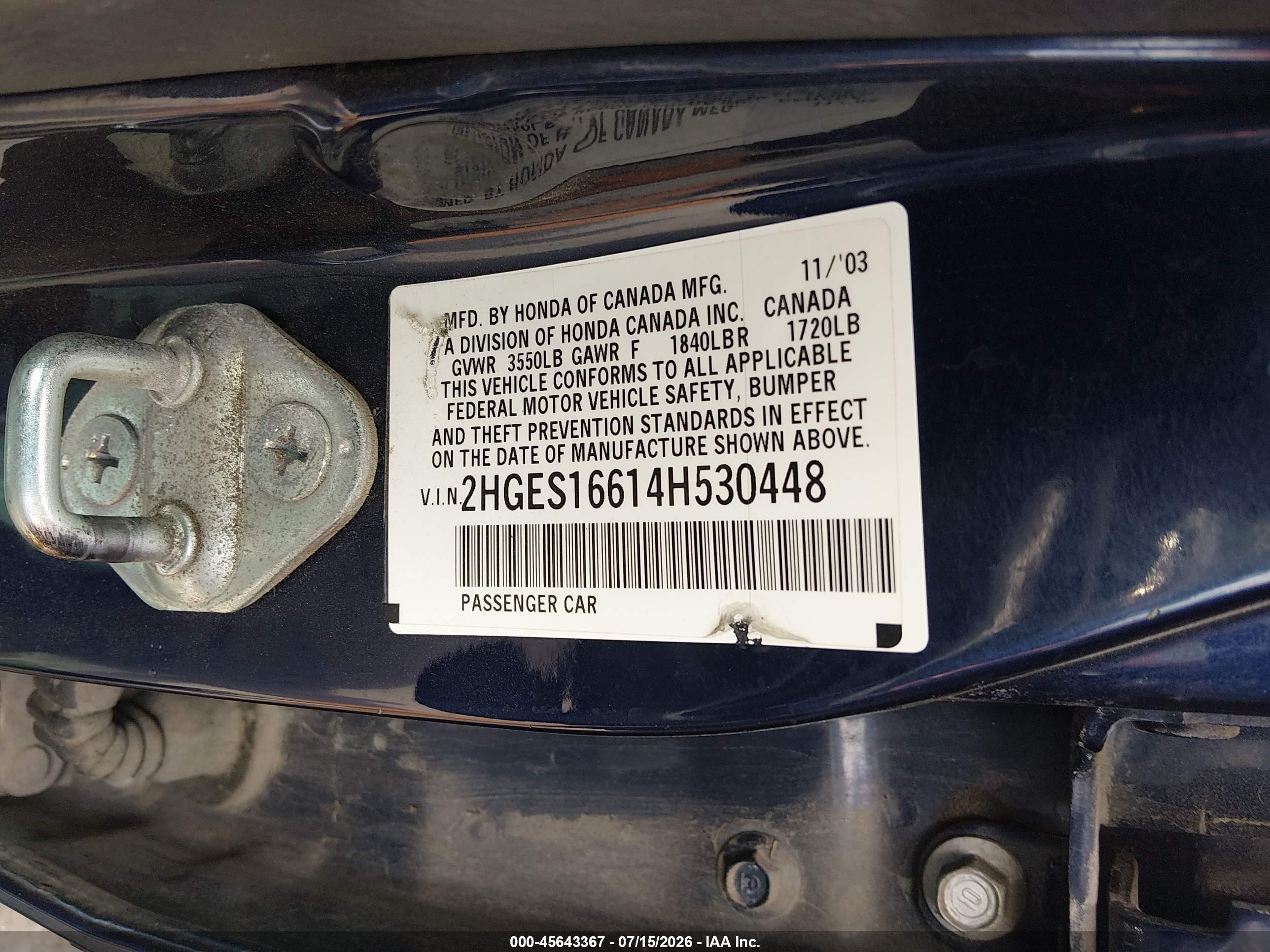 2004 Honda Civic Lx Blue vin: 2HGES16614H530448