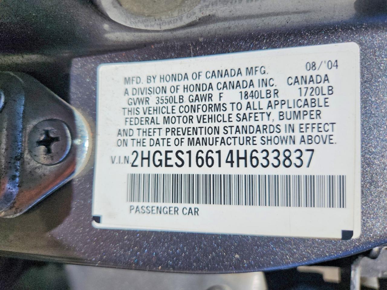 2004 Honda Civic Lx Gray vin: 2HGES16614H633837
