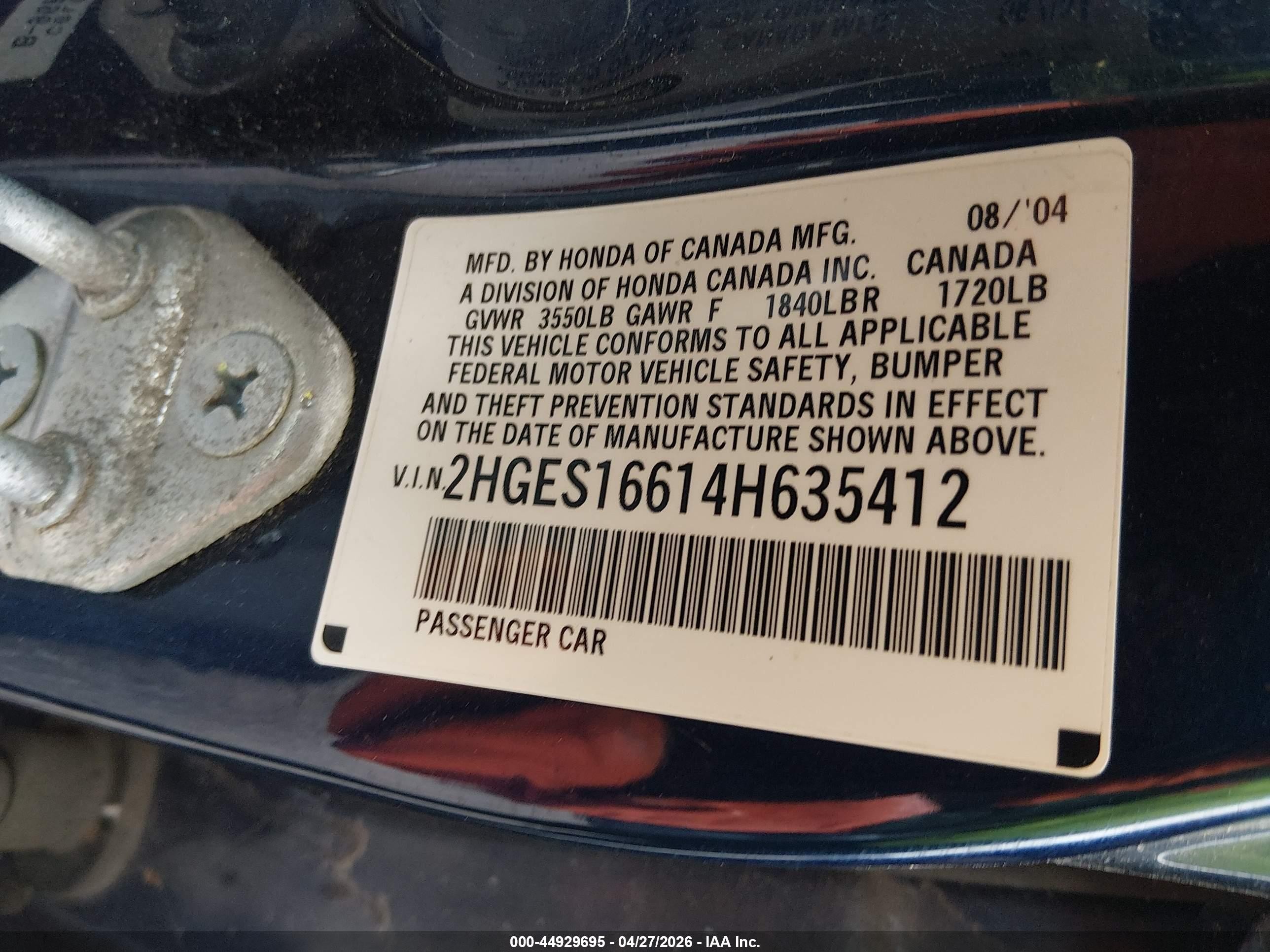 2004 Honda Civic Lx Blue vin: 2HGES16614H635412