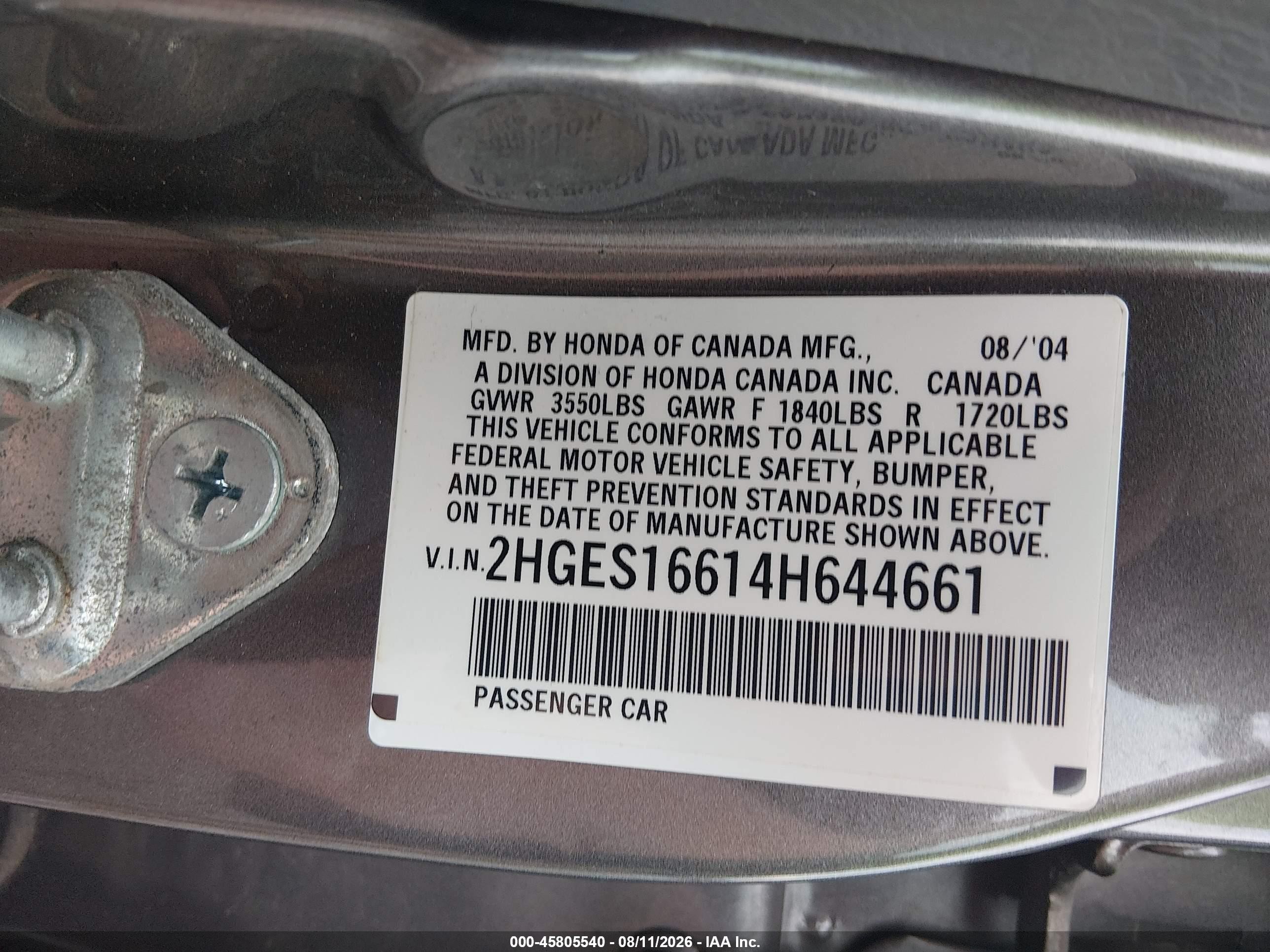 2004 Honda Civic Lx Gray vin: 2HGES16614H644661