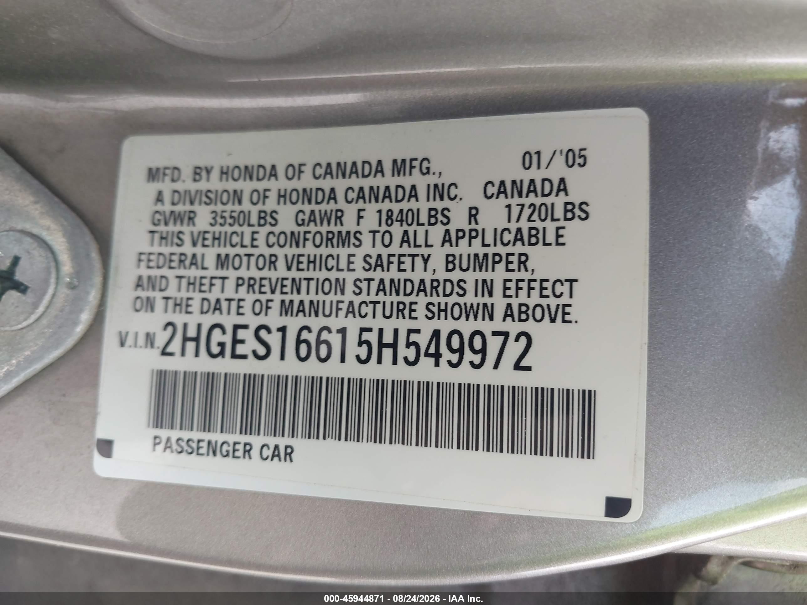 2005 Honda Civic Lx Silver vin: 2HGES16615H549972