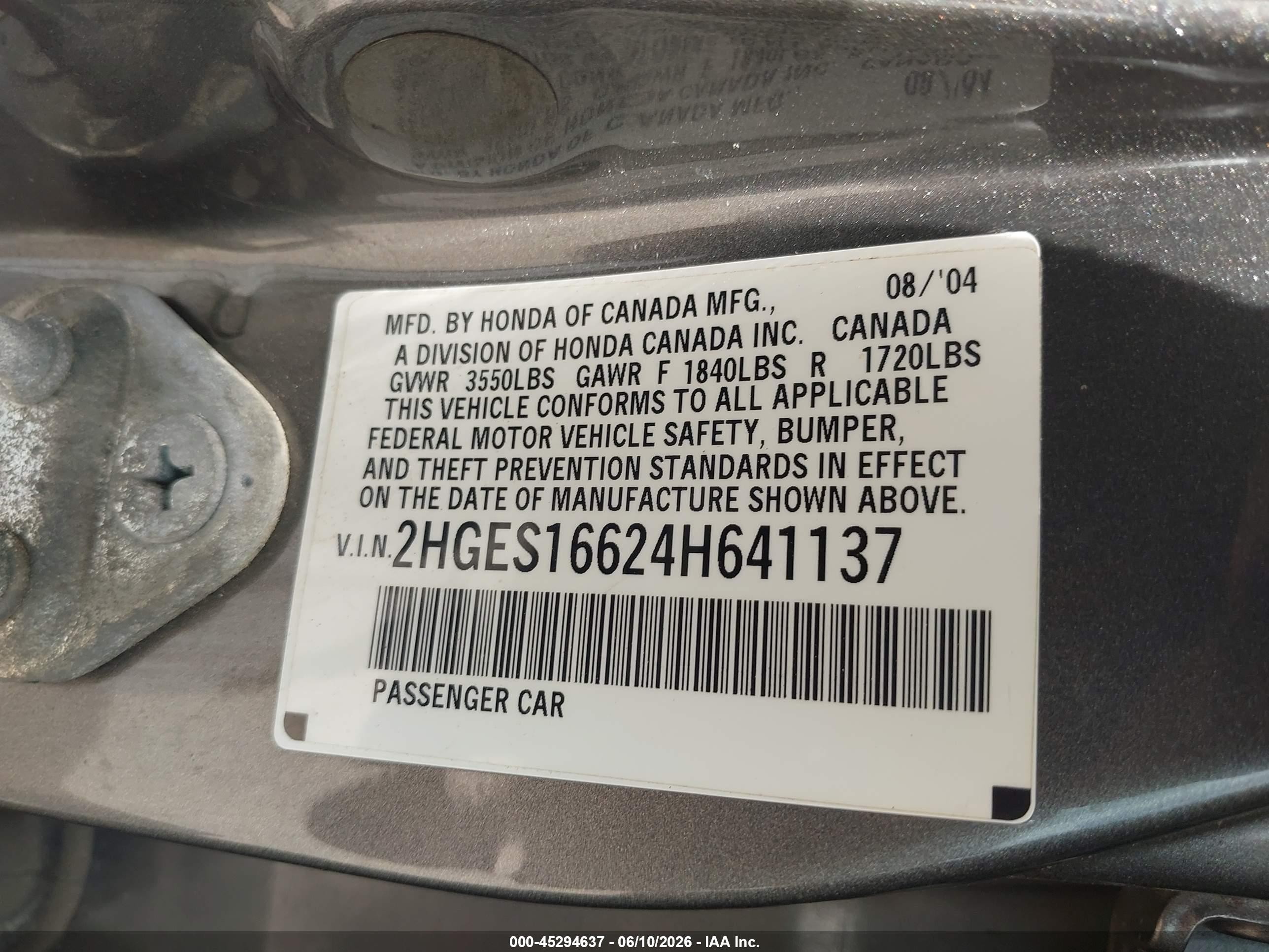 2004 Honda Civic Lx Gray vin: 2HGES16624H641137