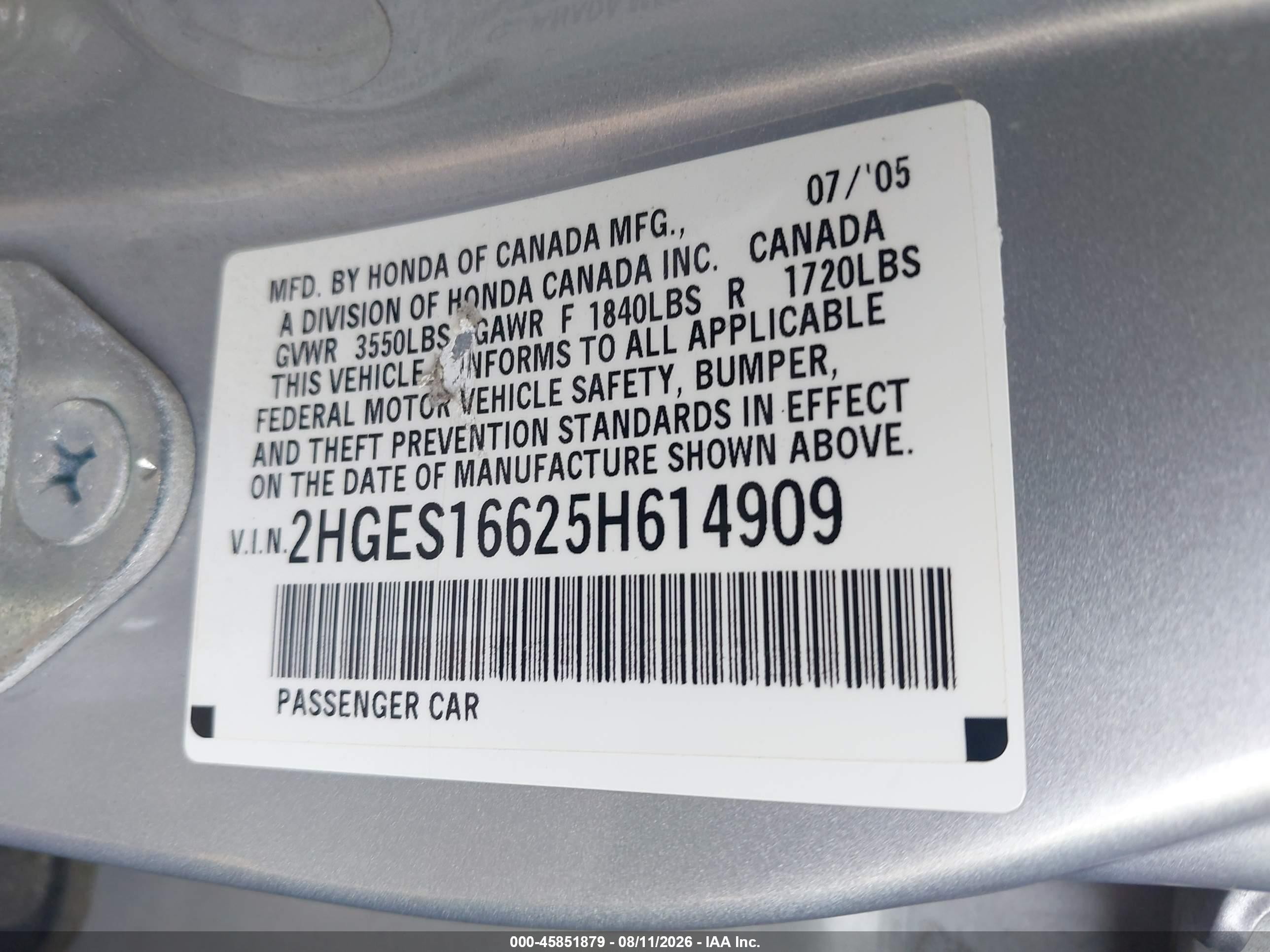 2005 Honda Civic Lx Silver vin: 2HGES16625H614909