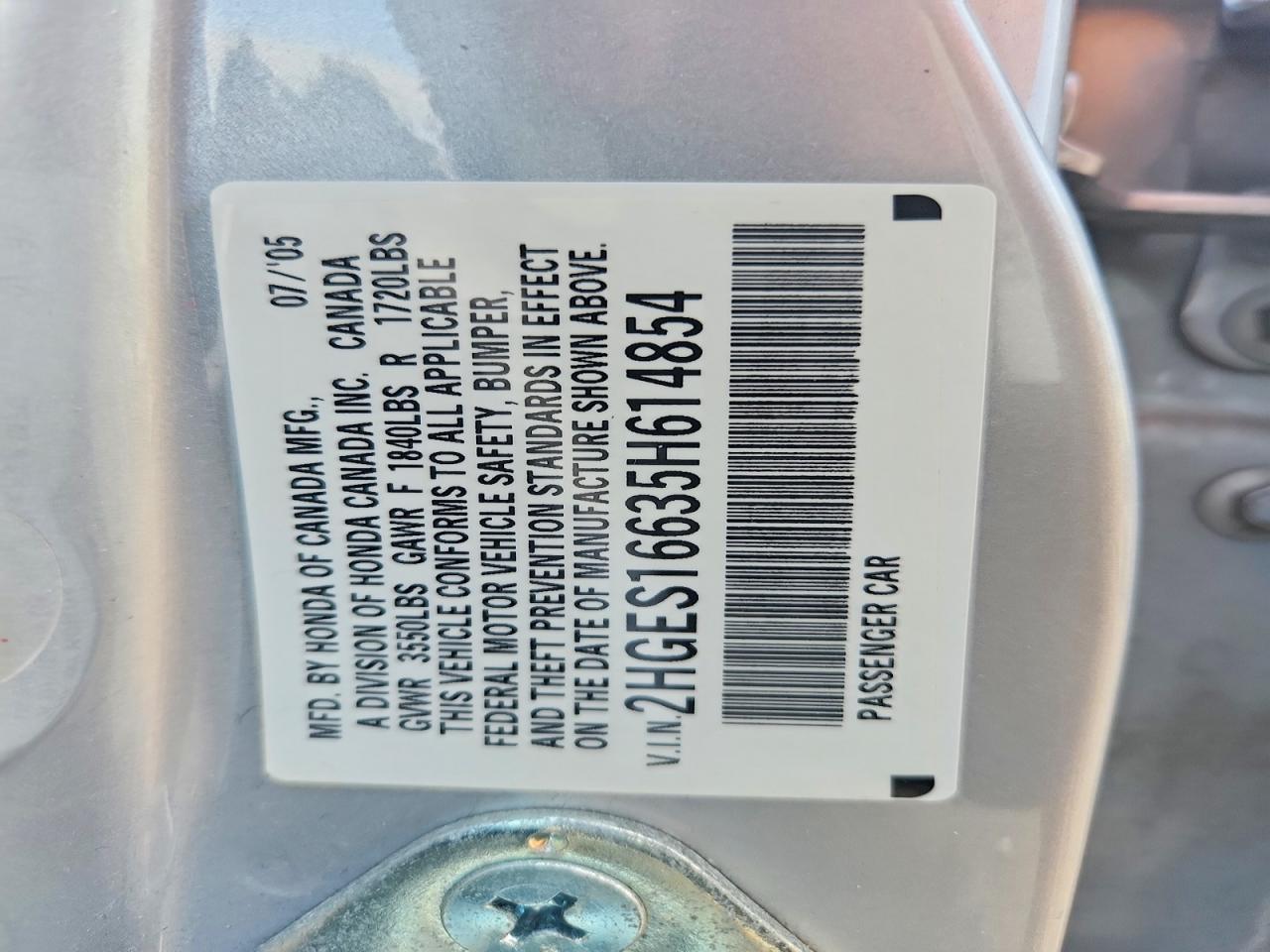 2005 Honda Civic Lx Silver vin: 2HGES16635H614854