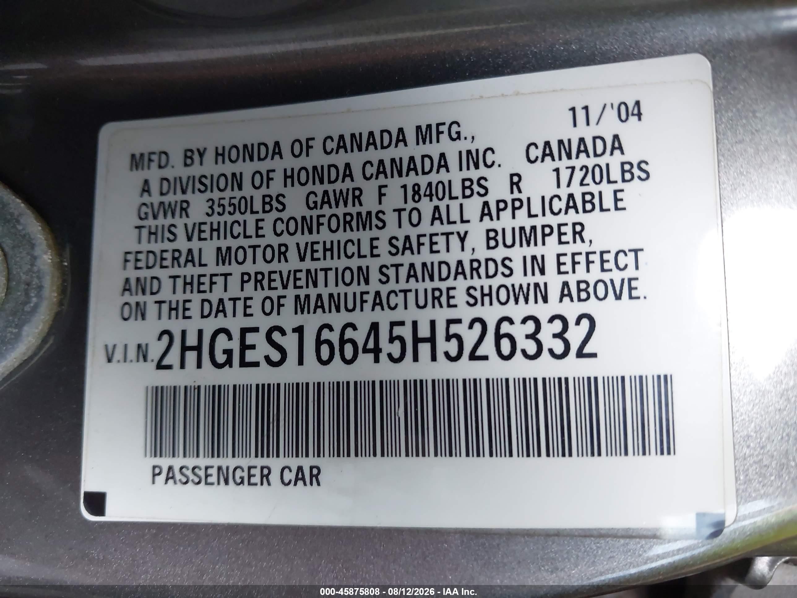 2005 Honda Civic Lx Серый vin: 2HGES16645H526332