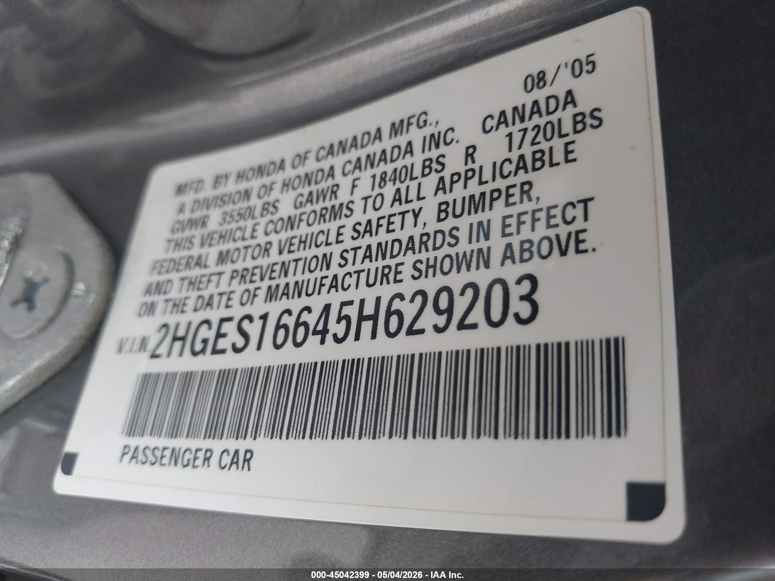 2005 Honda Civic Lx Gray vin: 2HGES16645H629203