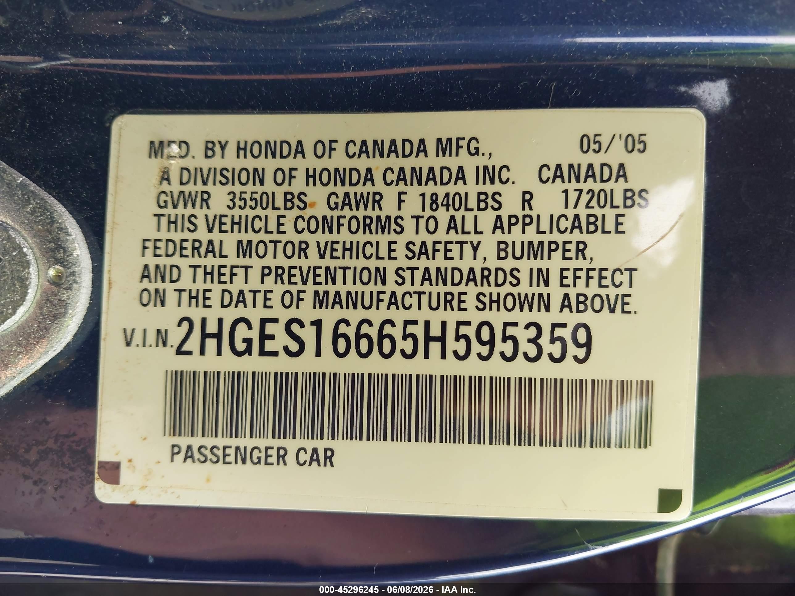 2005 Honda Civic Lx Dark Blue vin: 2HGES16665H595359