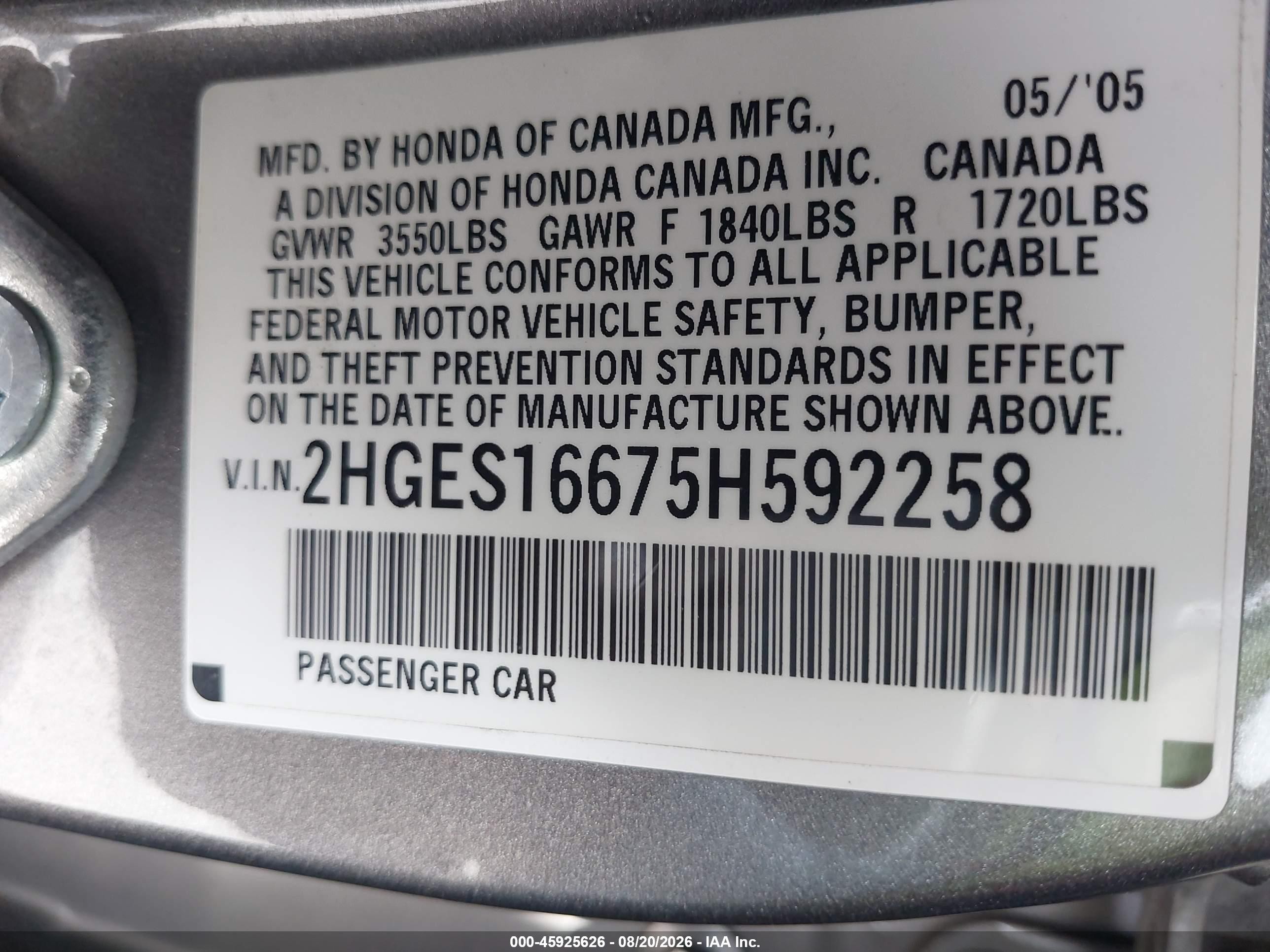2005 Honda Civic Lx Silver vin: 2HGES16675H592258