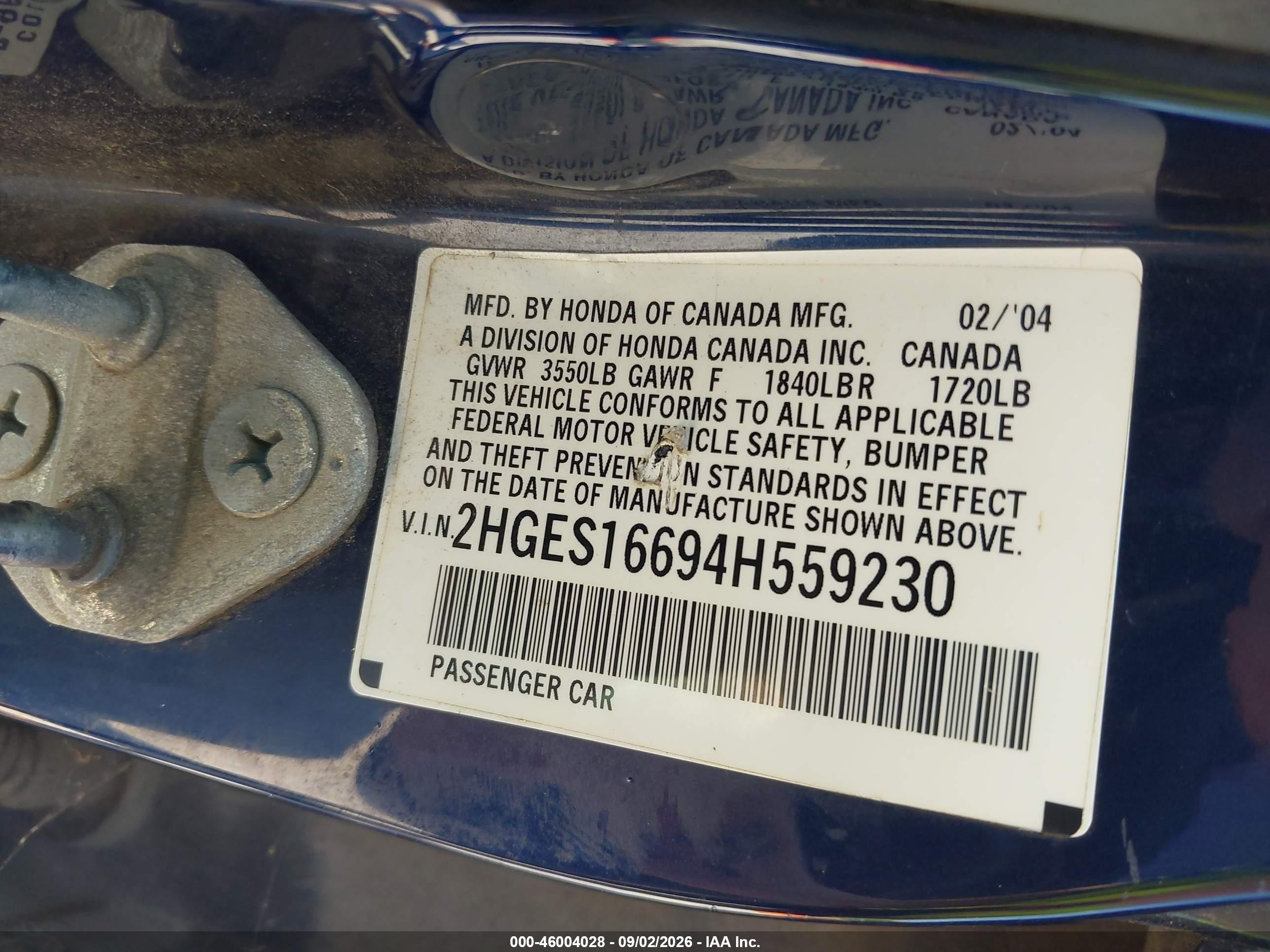 2004 Honda Civic Lx Blue vin: 2HGES16694H559230