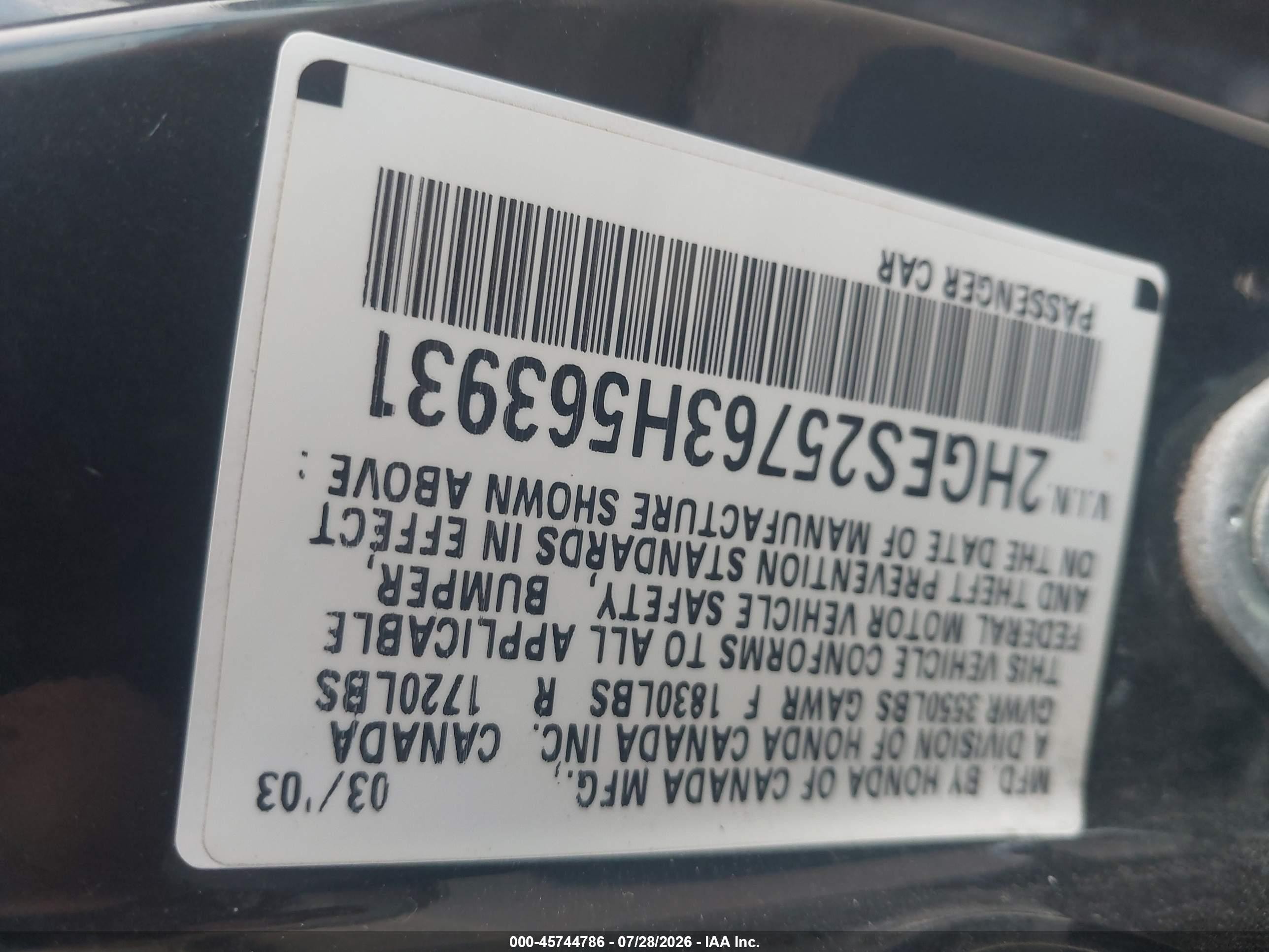 2003 Honda Civic Ex Black vin: 2HGES25763H563931