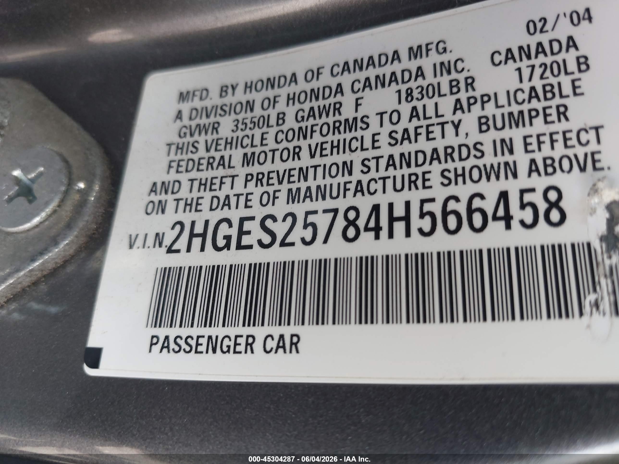2004 Honda Civic Ex Серый vin: 2HGES25784H566458