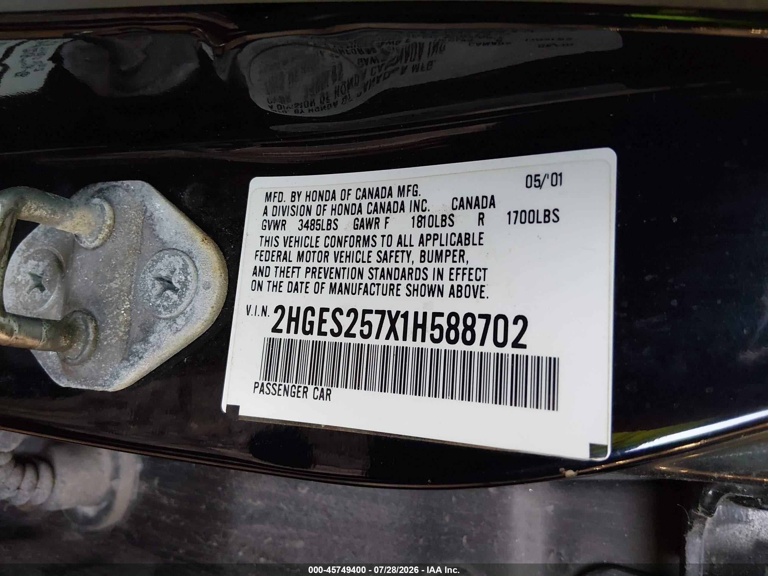 2001 Honda Civic Ex Черный vin: 2HGES257X1H588702