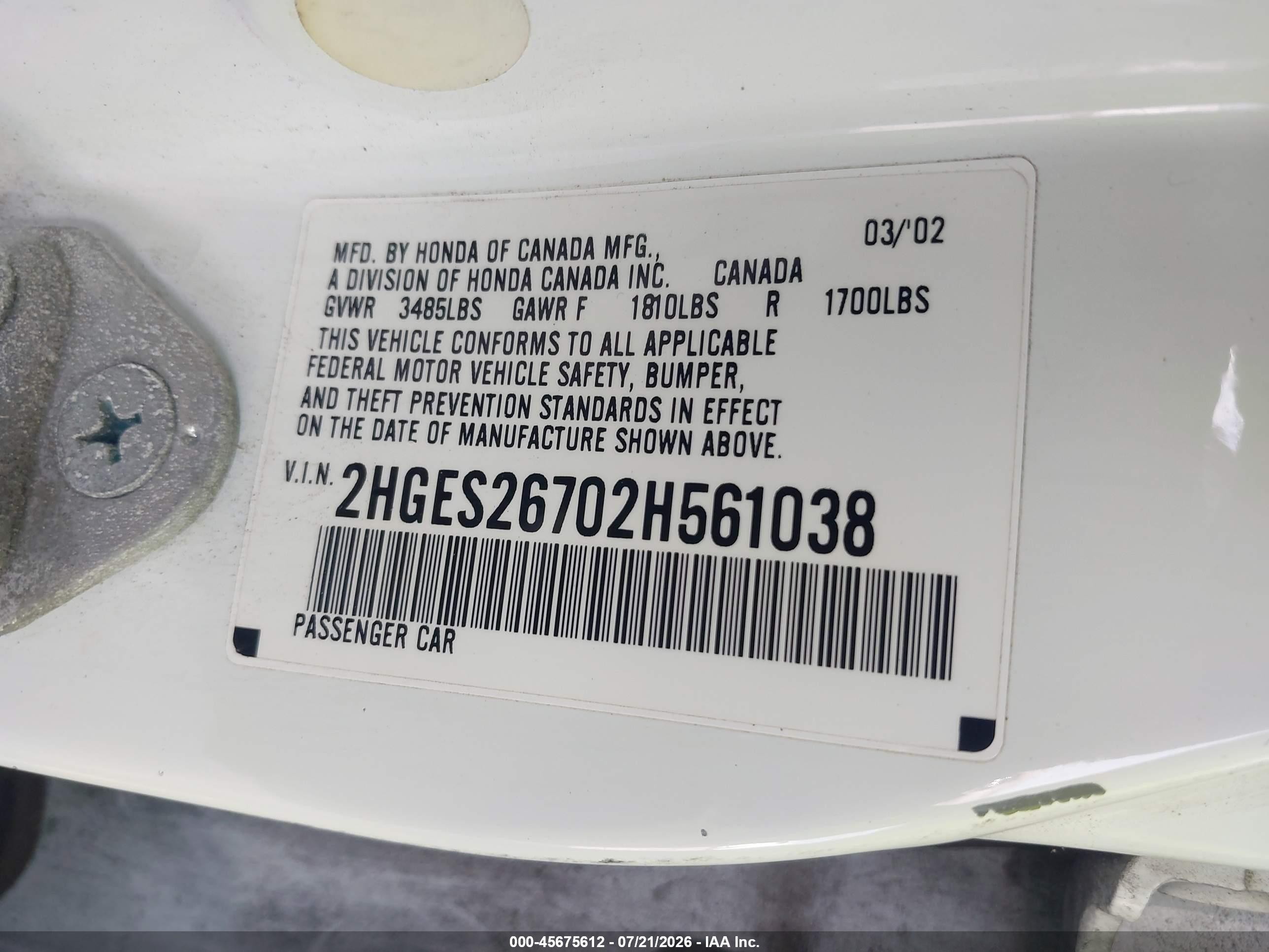 2002 Honda Civic Ex White vin: 2HGES26702H561038