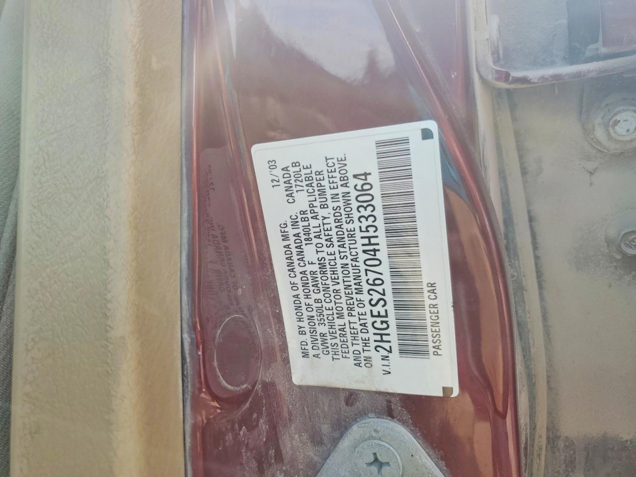 2004 Honda Civic Ex Burgundy vin: 2HGES26704H533064