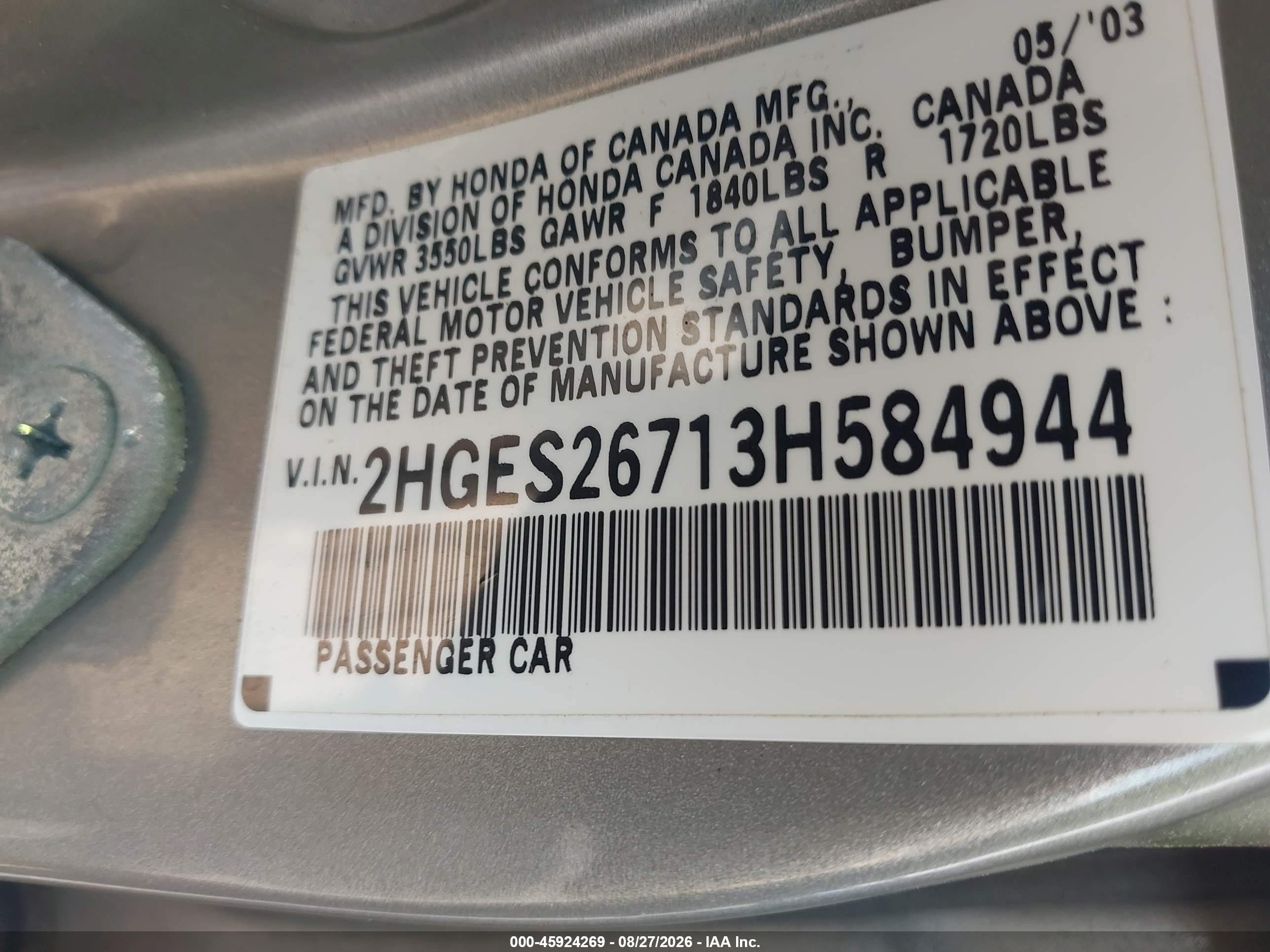 2003 Honda Civic Ex Tan vin: 2HGES26713H584944