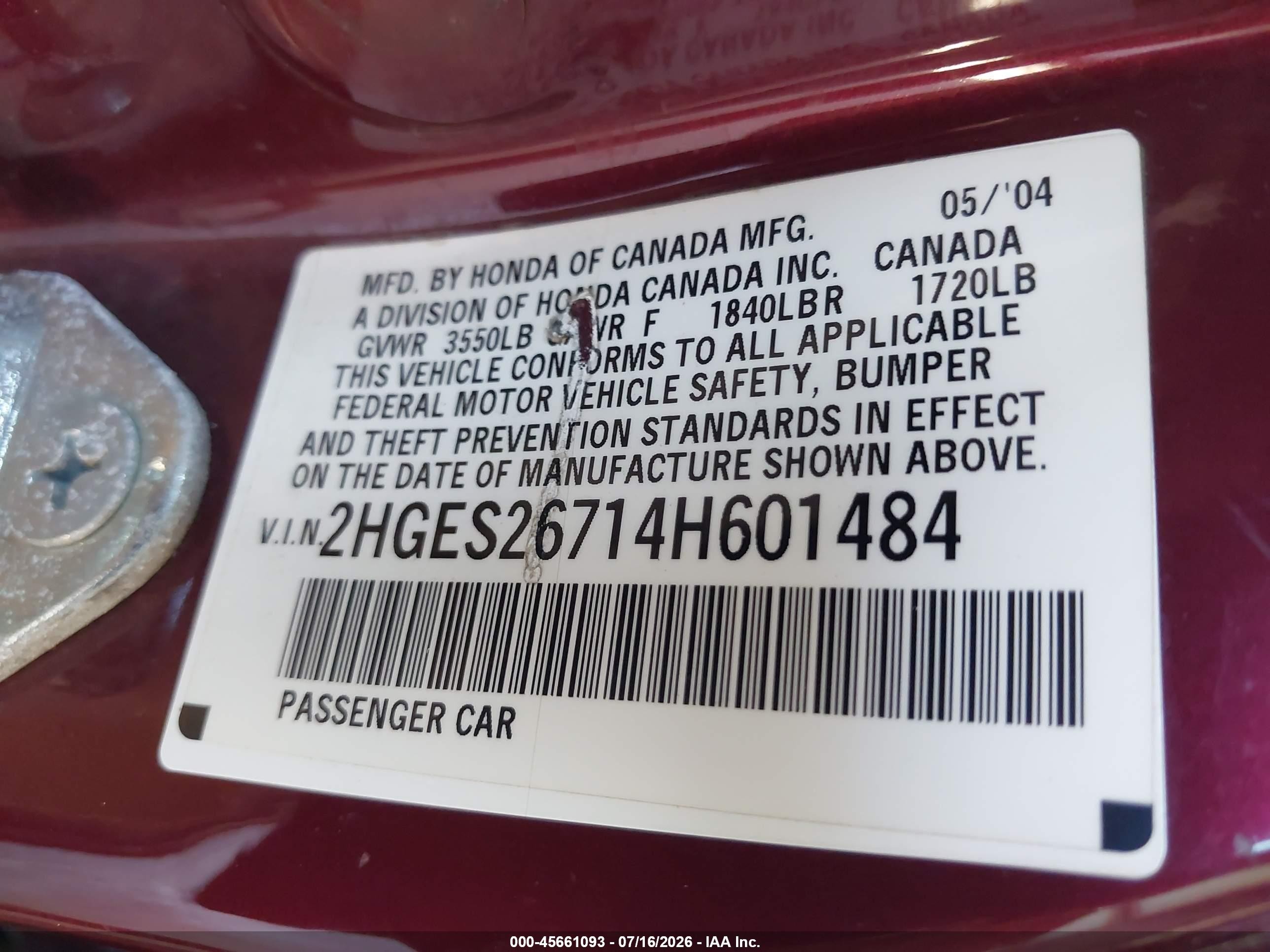 2004 Honda Civic Ex Red vin: 2HGES26714H601484