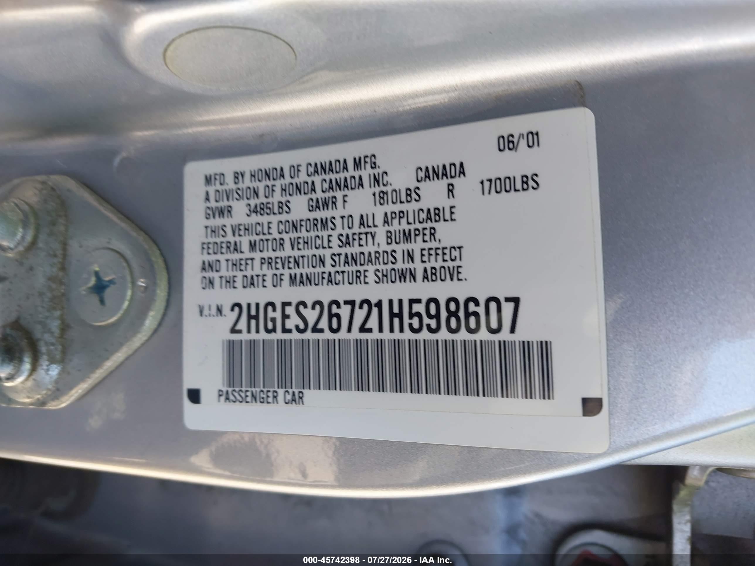 2001 Honda Civic Ex Серебряный vin: 2HGES26721H598607