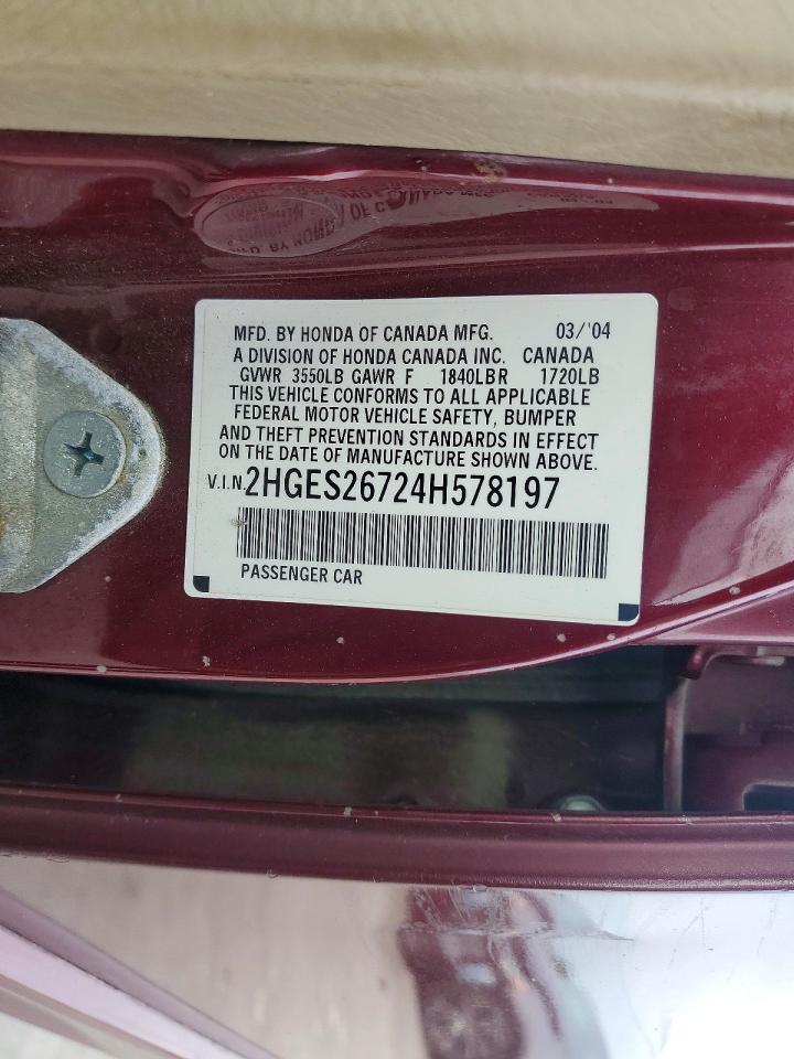 2004 Honda Civic Burgundy vin: 2HGES26724H578197