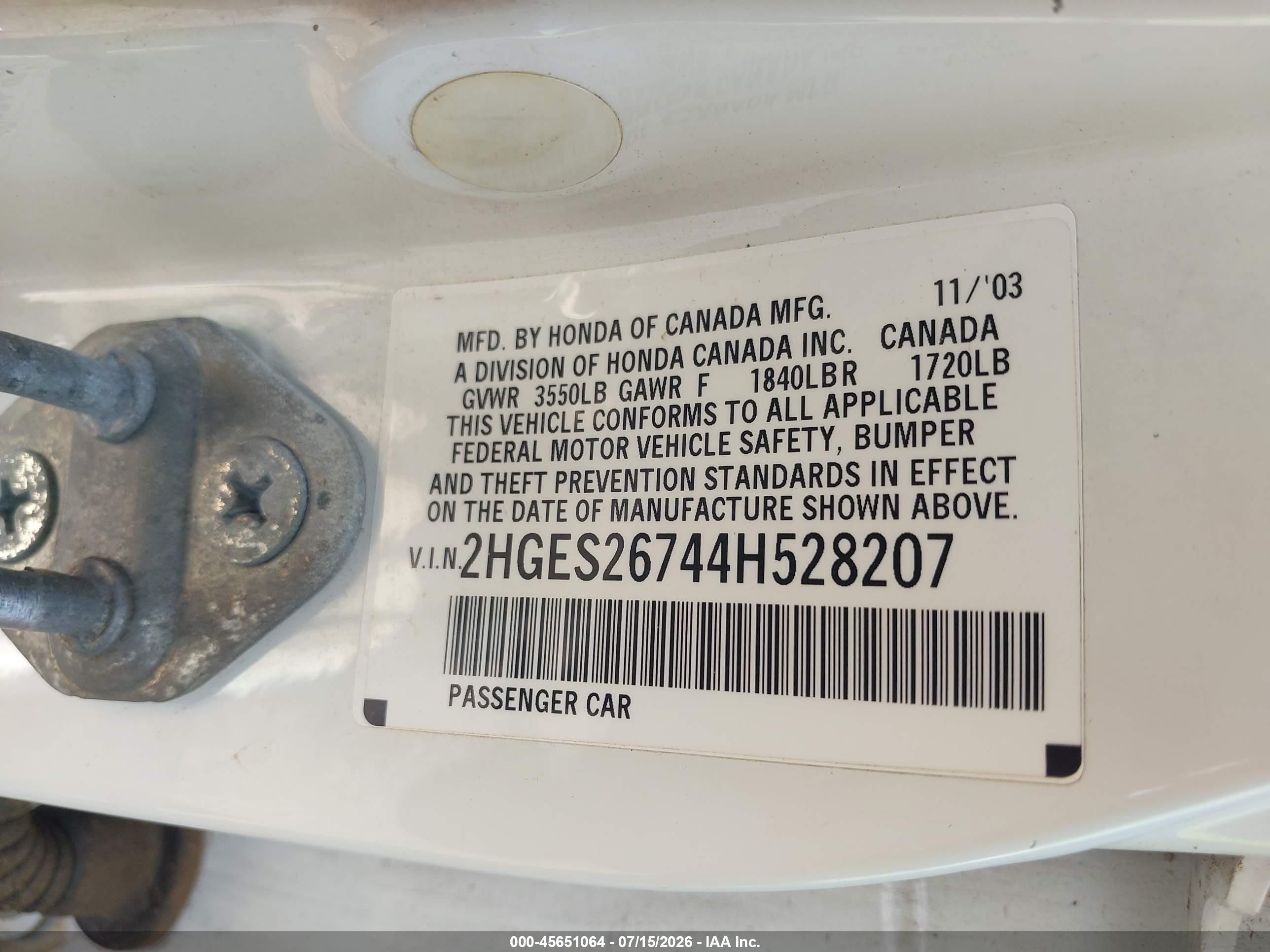 2004 Honda Civic Ex White vin: 2HGES26744H528207