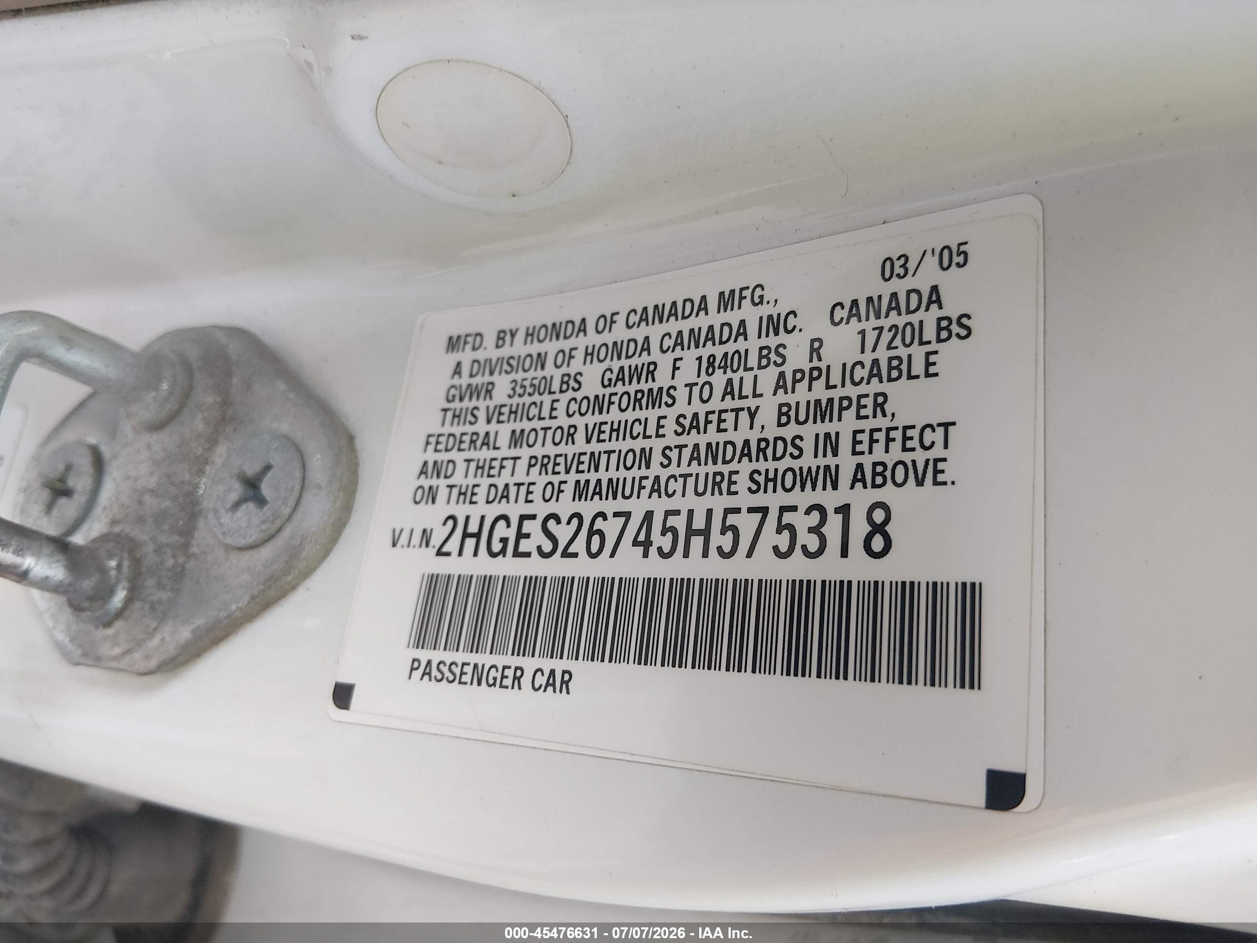2005 Honda Civic Ex Белый vin: 2HGES26745H575318
