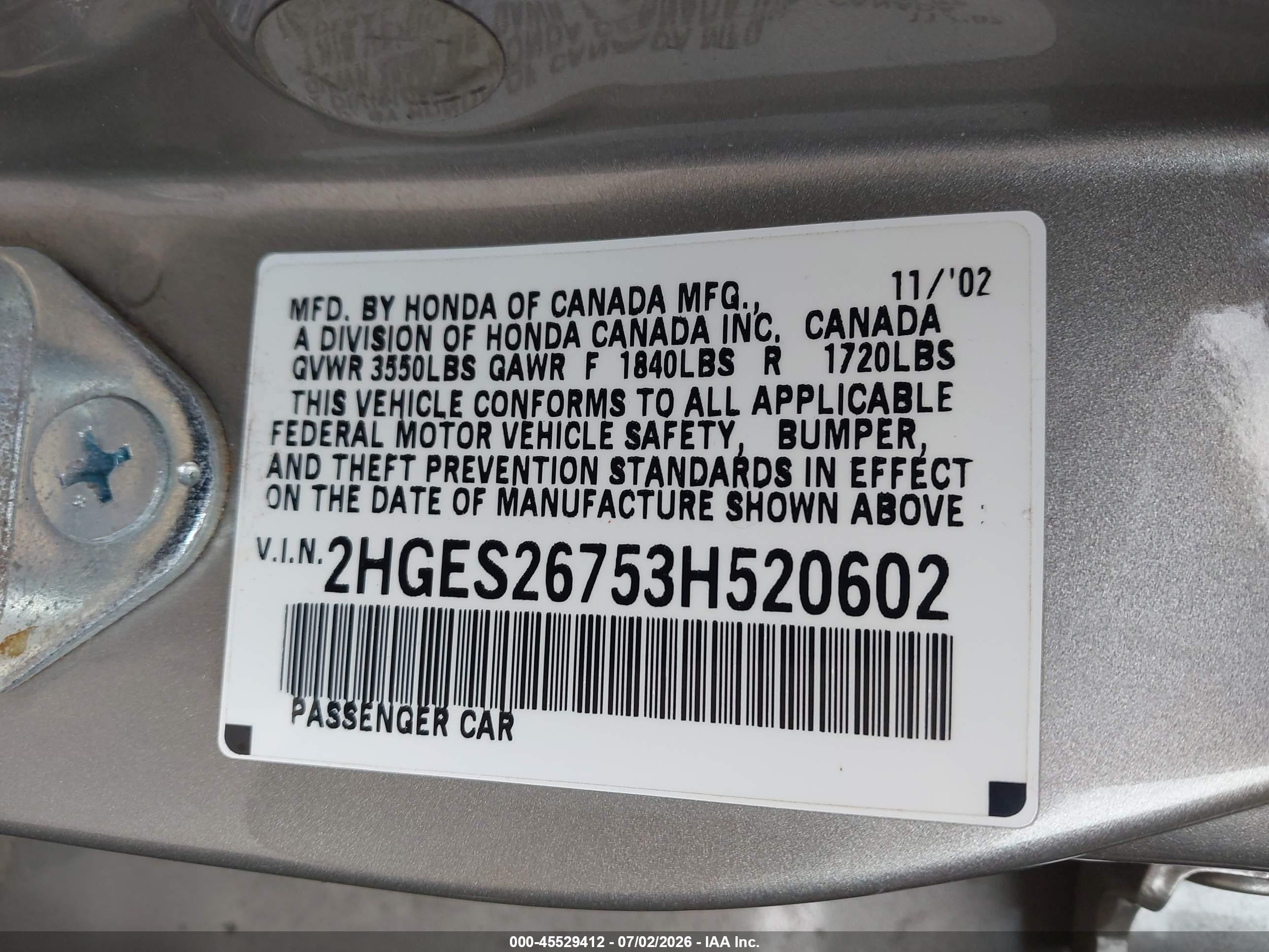 2003 Honda Civic Ex Champagne vin: 2HGES26753H520602