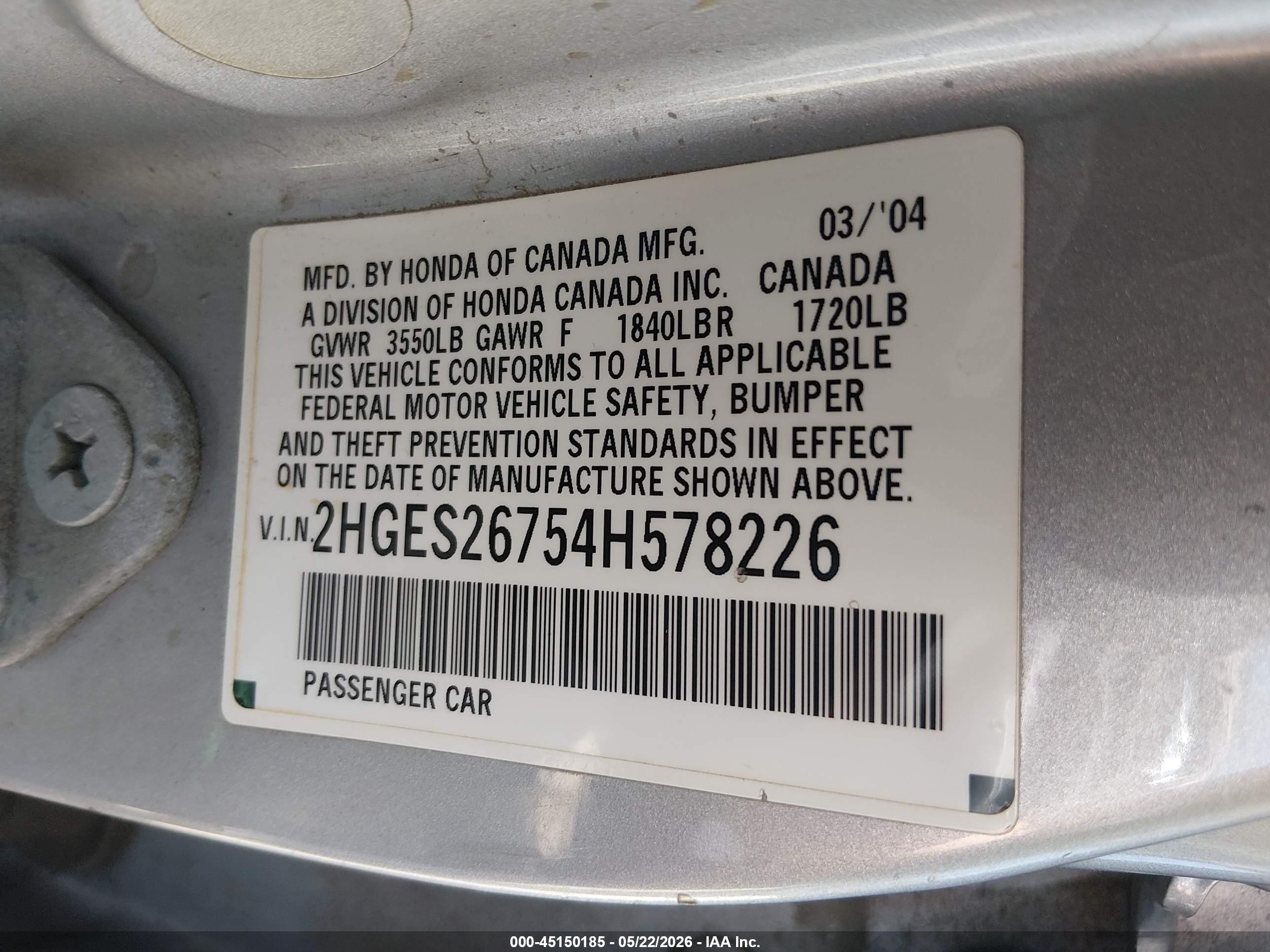2004 Honda Civic Ex Серебряный vin: 2HGES26754H578226