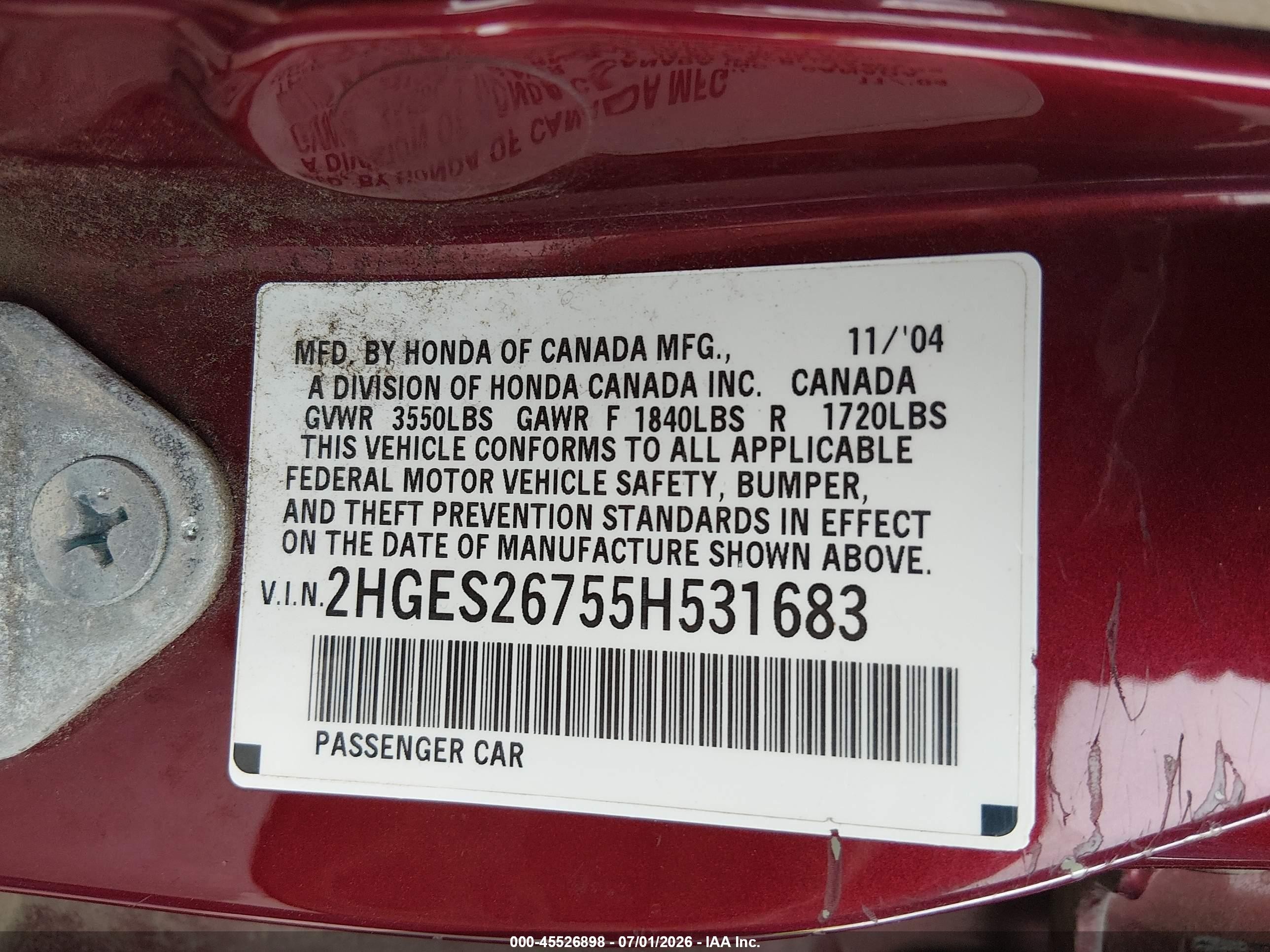 2005 Honda Civic Ex Red vin: 2HGES26755H531683