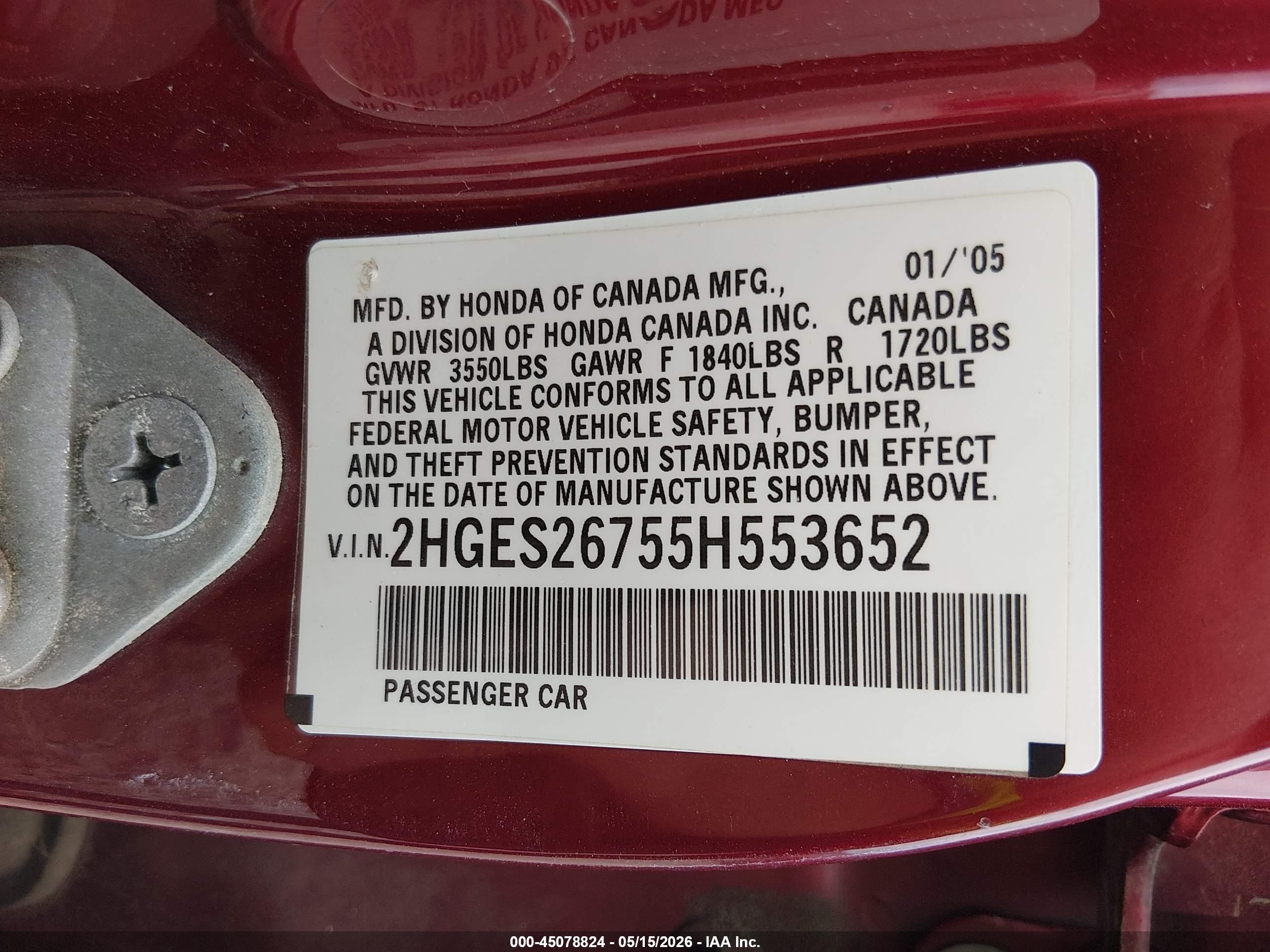 2005 Honda Civic Ex Red vin: 2HGES26755H553652
