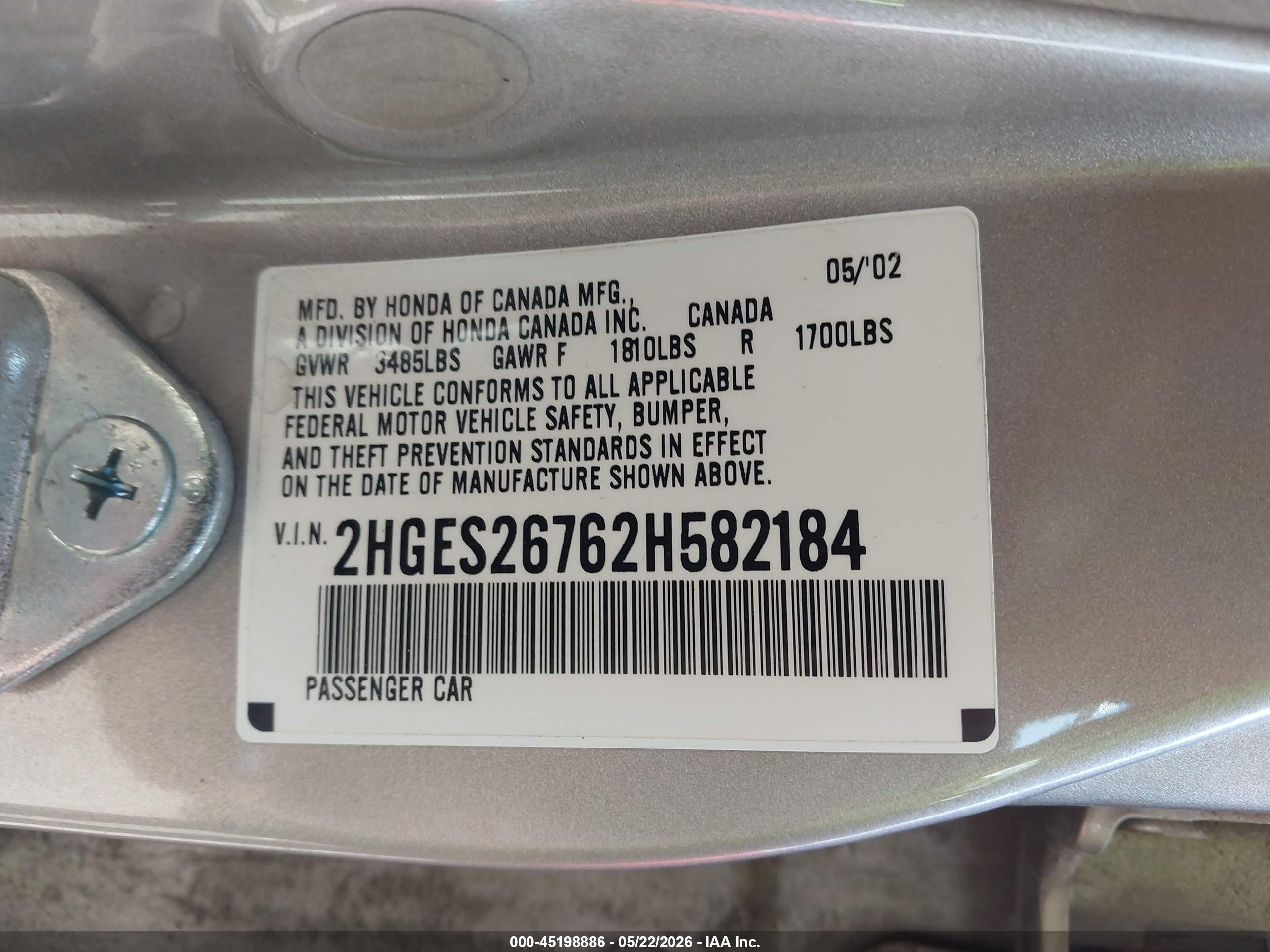 2002 Honda Civic Ex Gold vin: 2HGES26762H582184