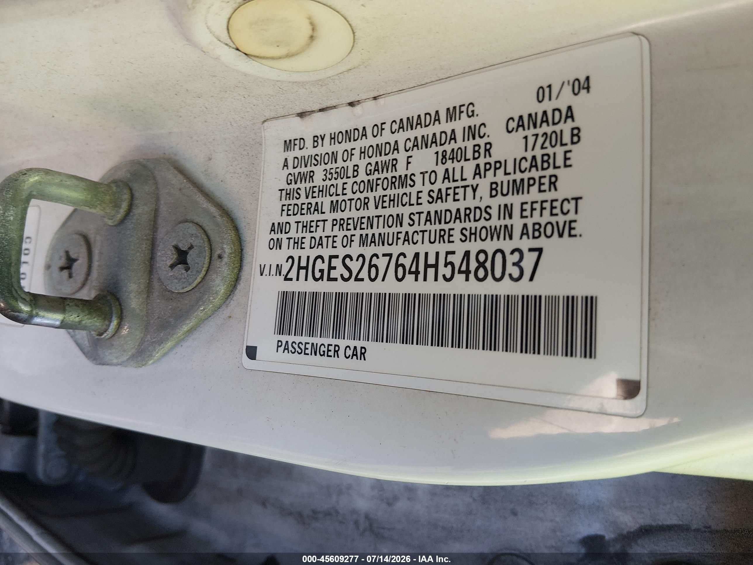2004 Honda Civic Ex White vin: 2HGES26764H548037