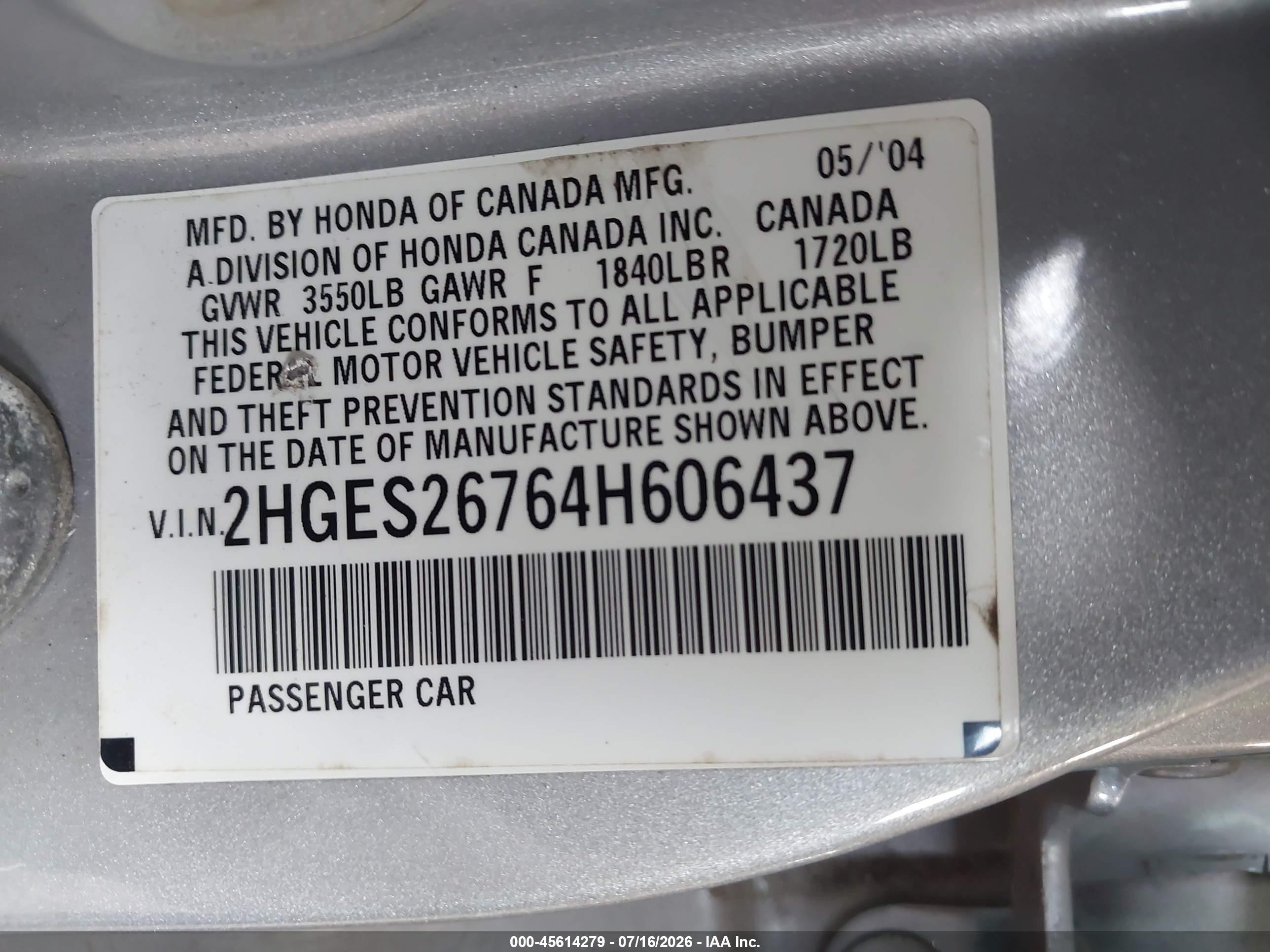 2004 Honda Civic Ex Silver vin: 2HGES26764H606437