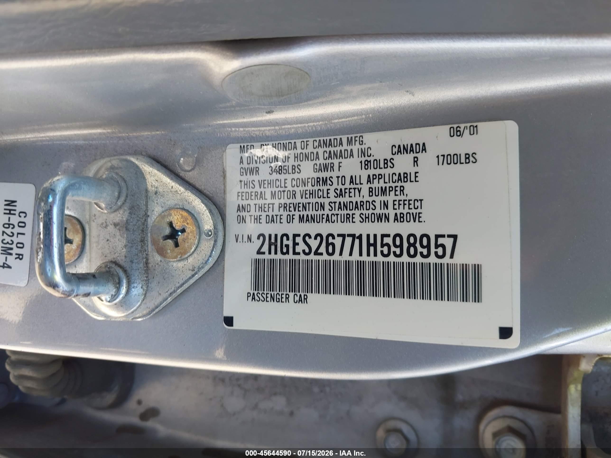 2001 Honda Civic Ex Silver vin: 2HGES26771H598957