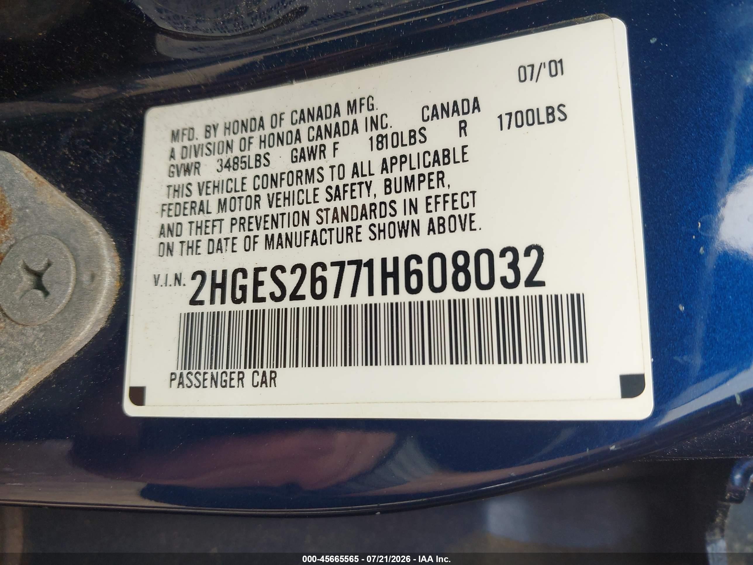 2001 Honda Civic Ex Dark Blue vin: 2HGES26771H608032