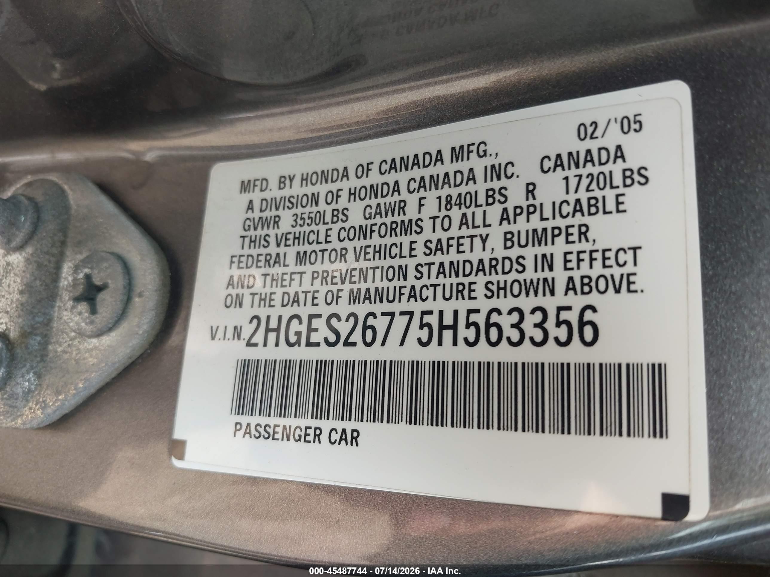 2005 Honda Civic Ex Серый vin: 2HGES26775H563356