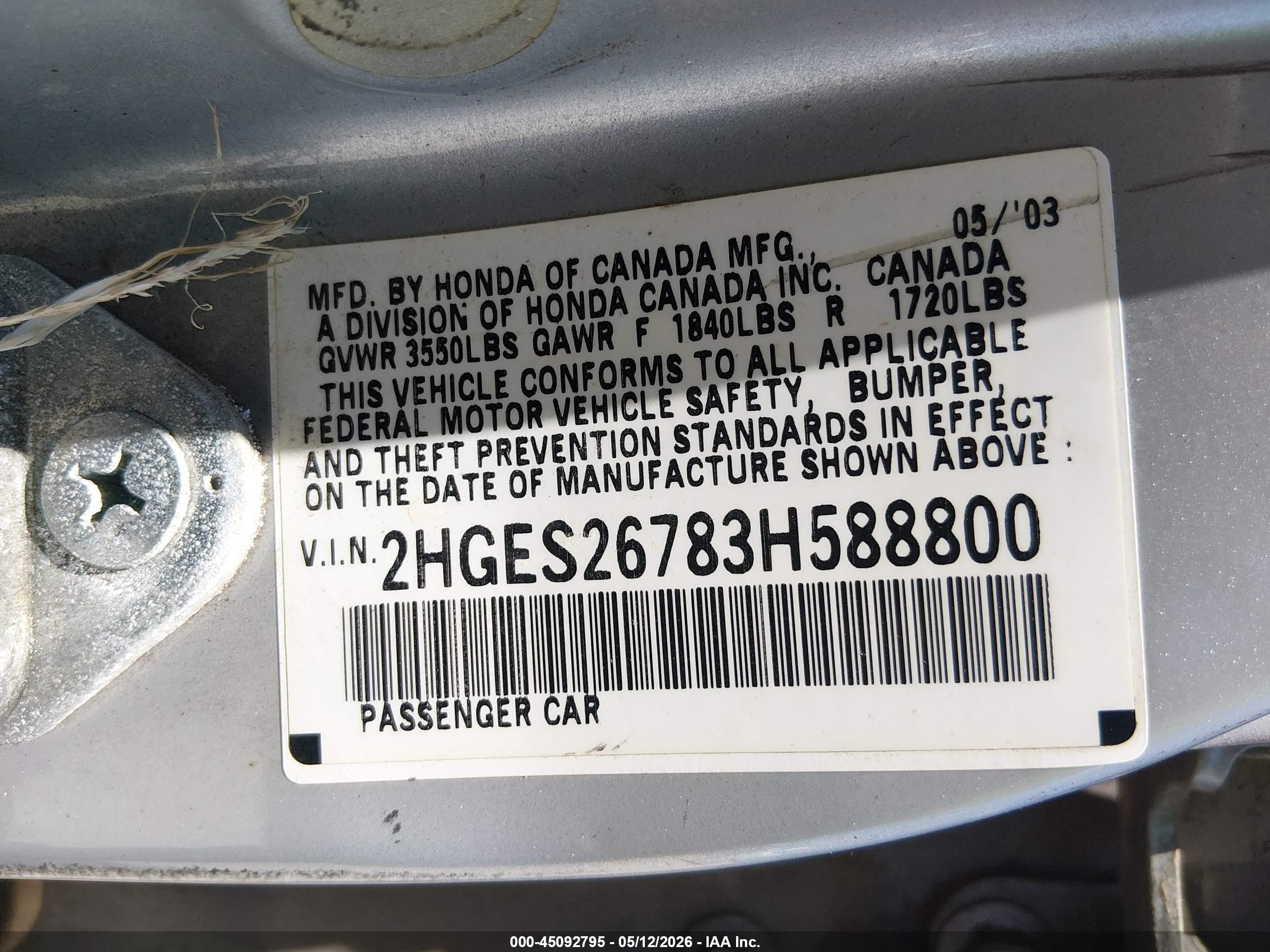 2003 Honda Civic Ex Silver vin: 2HGES26783H588800