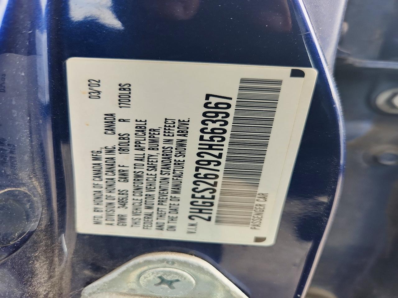 2002 Honda Civic Ex Blue vin: 2HGES26792H563967