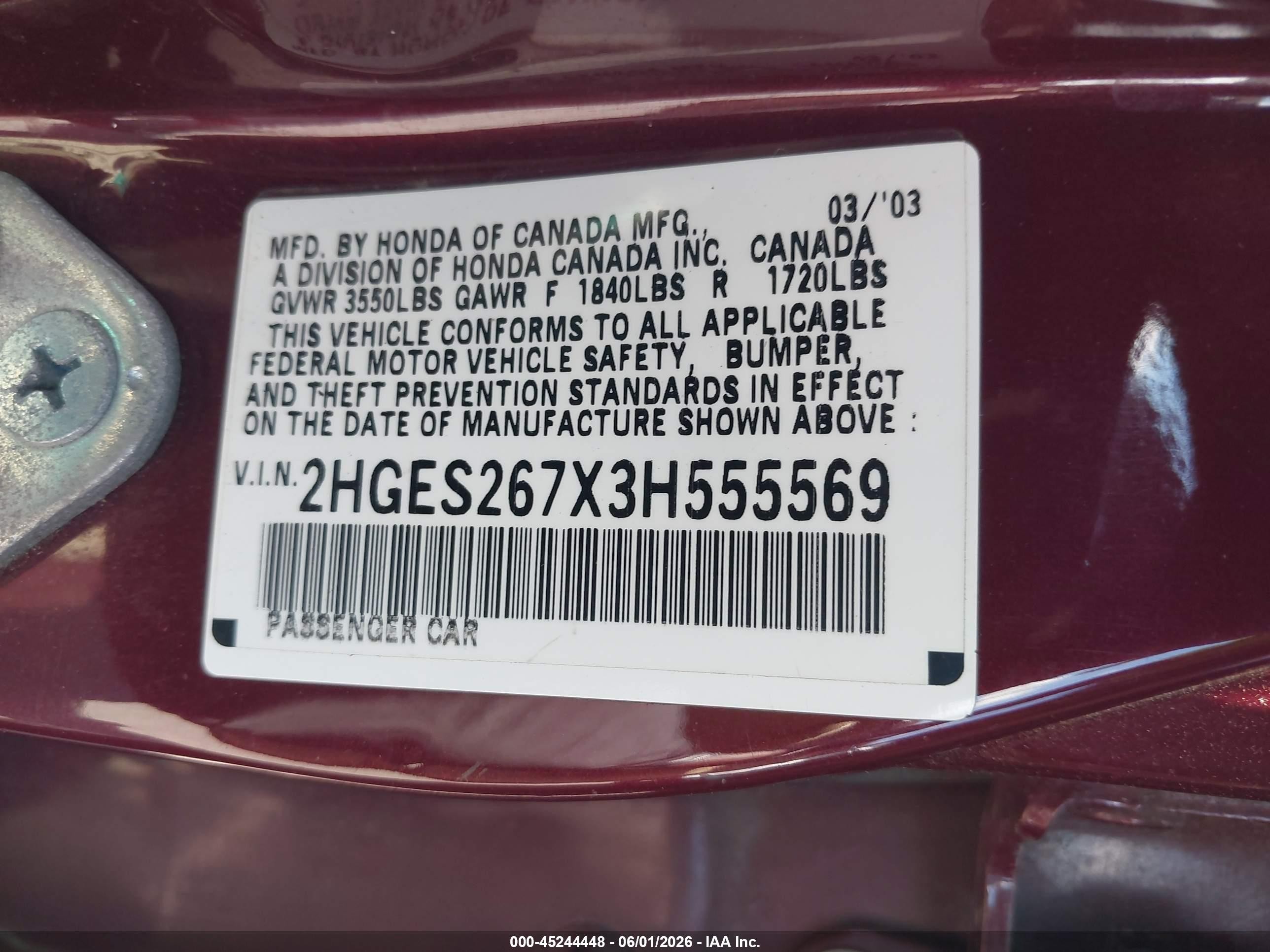 2003 Honda Civic Ex Burgundy vin: 2HGES267X3H555569