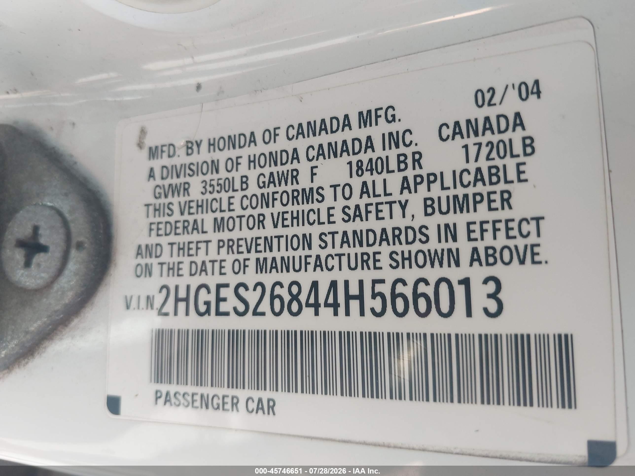 2004 Honda Civic Ex White vin: 2HGES26844H566013