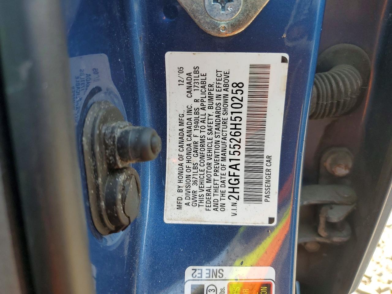 2006 Honda Civic Lx Blue vin: 2HGFA15526H510258